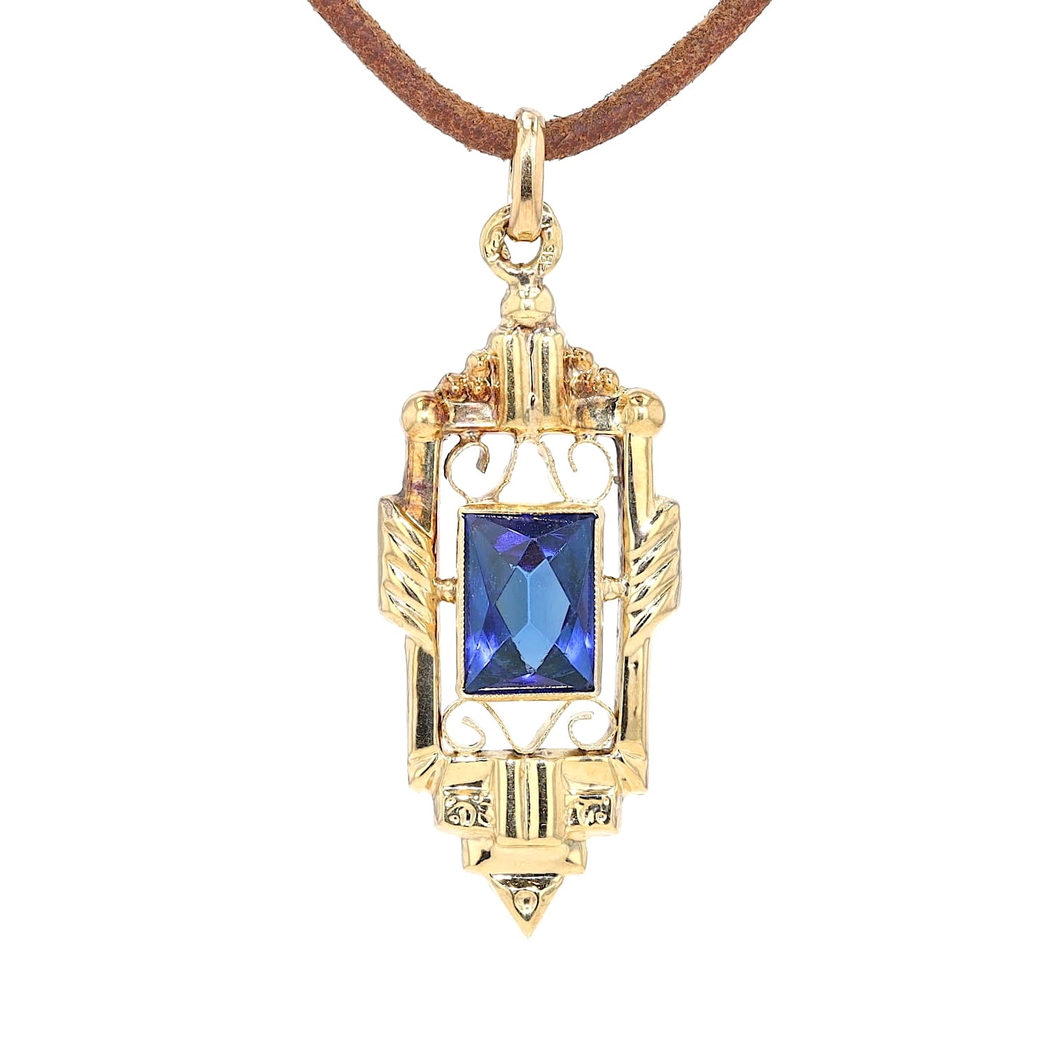 Antiker Anhänger in 585er Gelbgold mit einem blauen Glasstein, hängend frontal