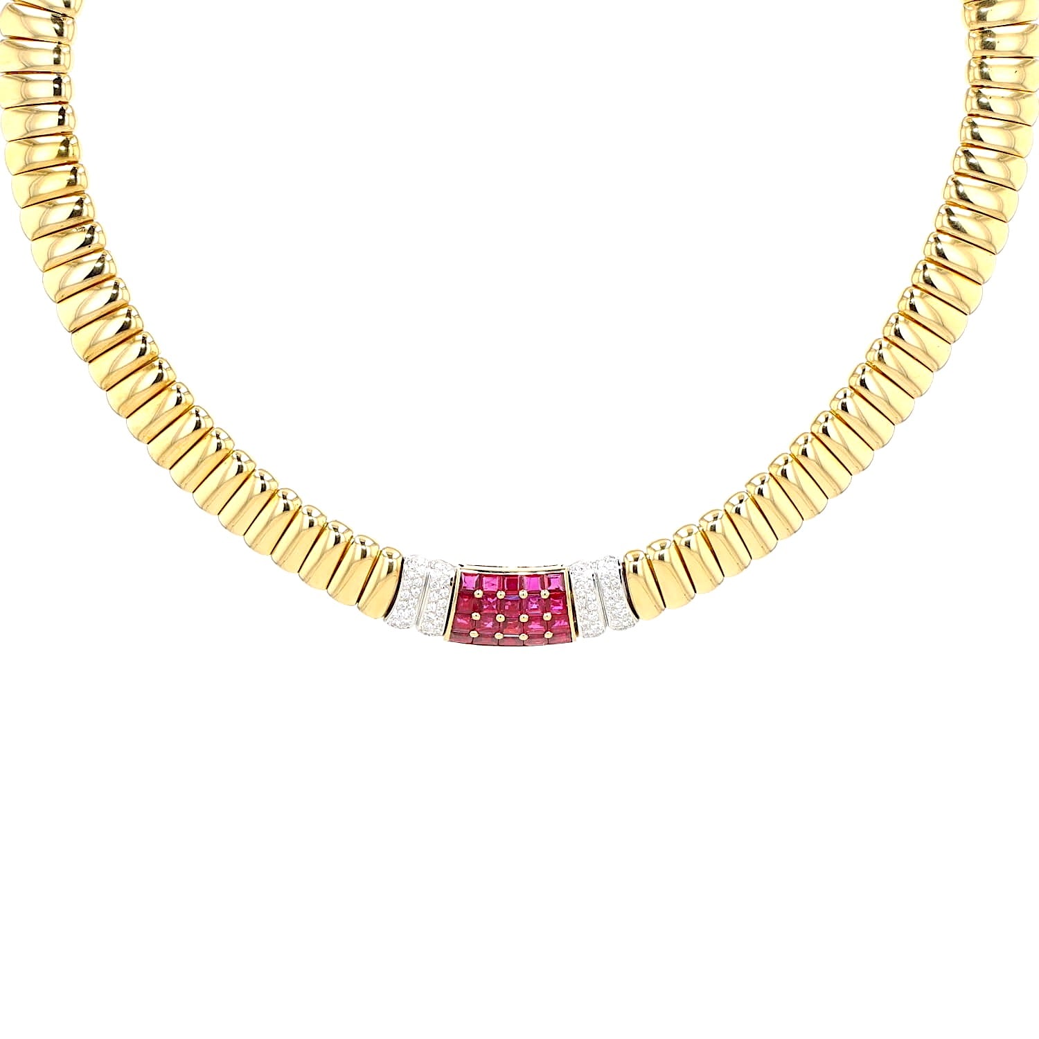 Collier von Wempe in 750er Gelb- und Weißgold mit Rubinen und Brillanten, hängend frontal