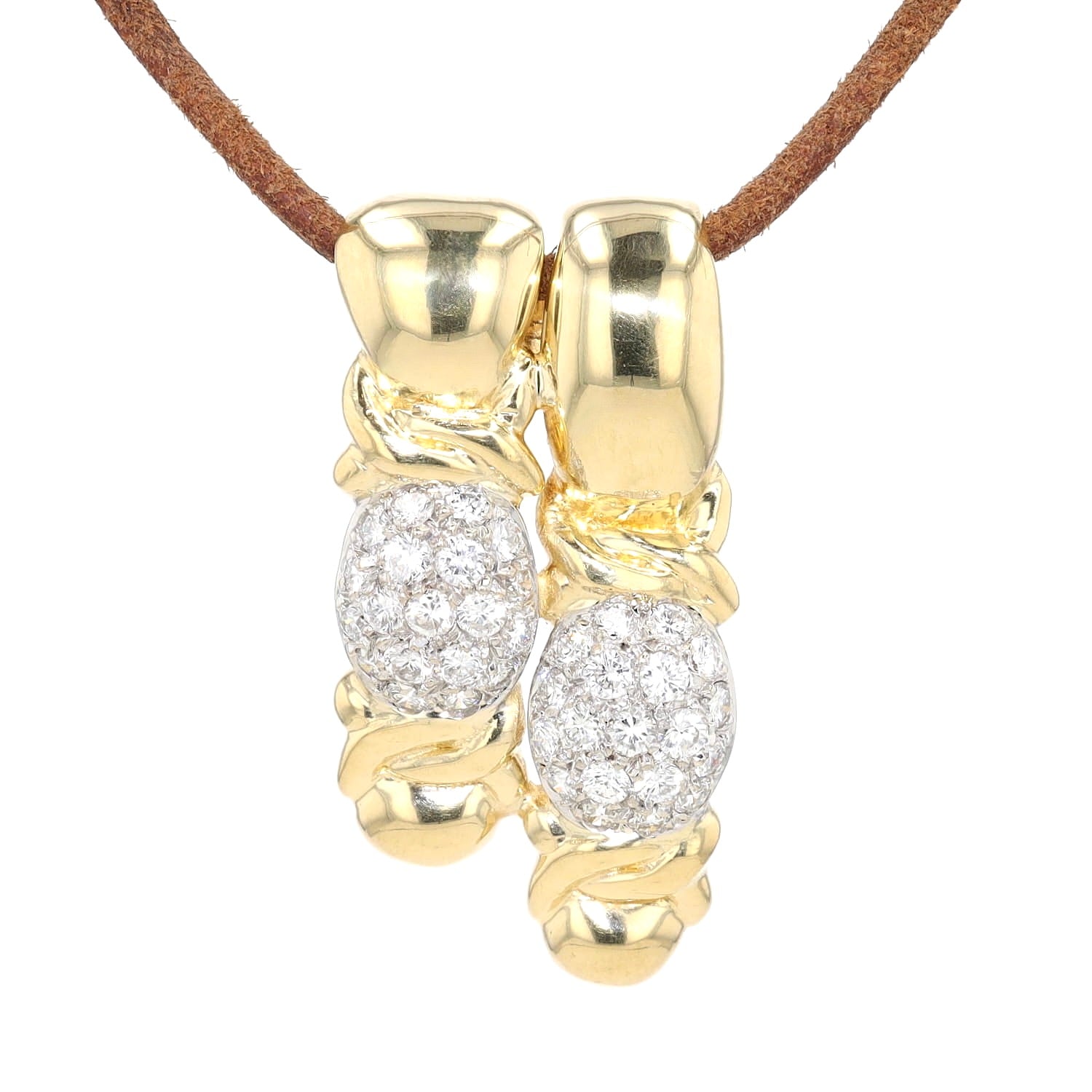 Anhänger in 750er Gelbgold mit Brillanten, hängend an einem braunen Lederband frontal