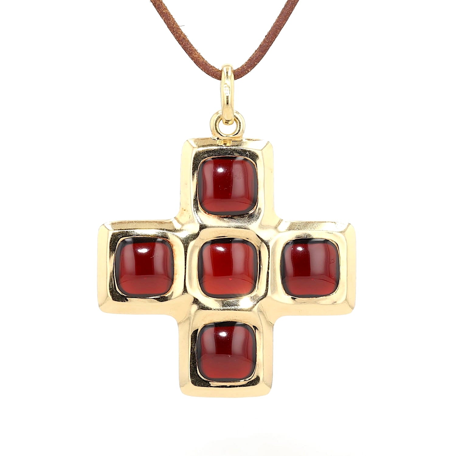 Pomellato Anhänger Kreuz in 750er Gelbgold mit Granaten, hängend frontal