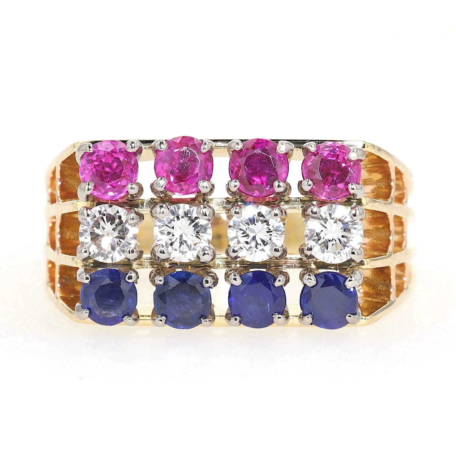 Vintage Ring in 750er Gelbgold mit Rubinen Saphiren und Brillanten, liegend frontal