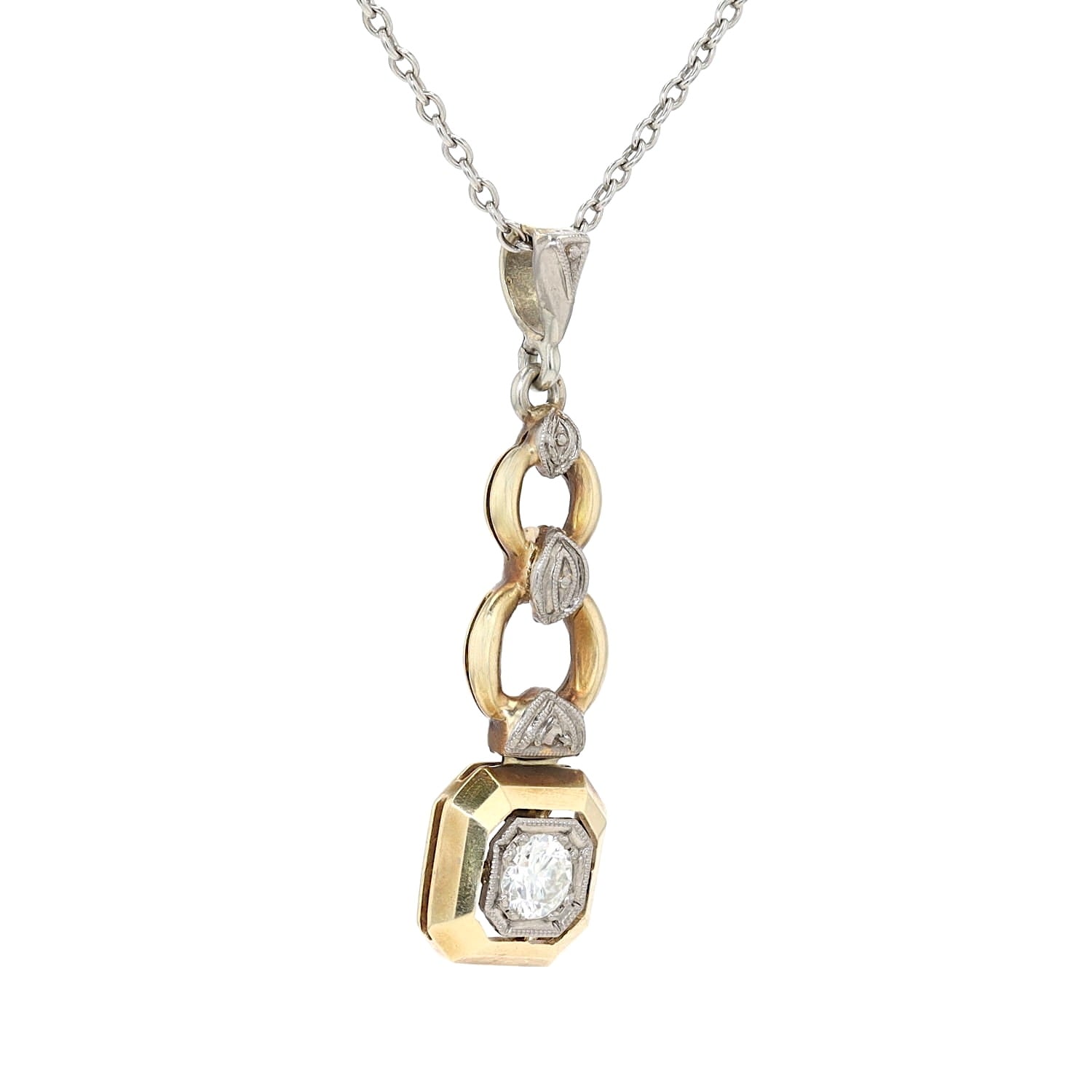 Kette in Silber/Platin mit einem Anhänger aus 585er Gelb- und Weißgold mit einem Brillanten, hängend rechts gedreht