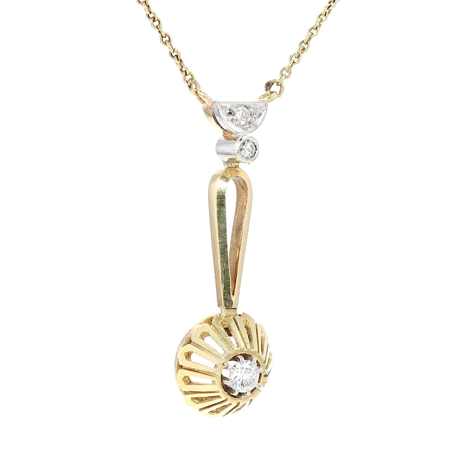 Vintage-Collier in 585er Gelbgold mit Brillanten, hängend rechts gedreht Nahaufnahme