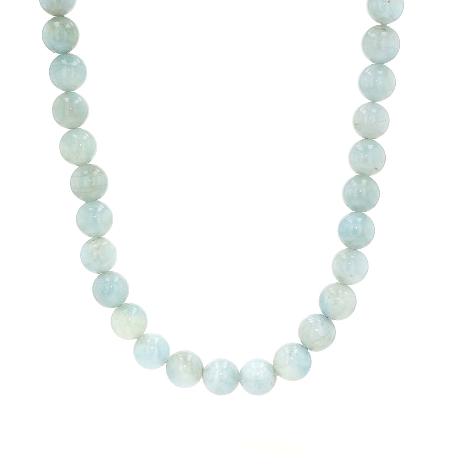 Edelsteinkette aus Aquamarin-Kugeln und einem Wechselschloss aus einer Quarz-Kugel, hängend frontal