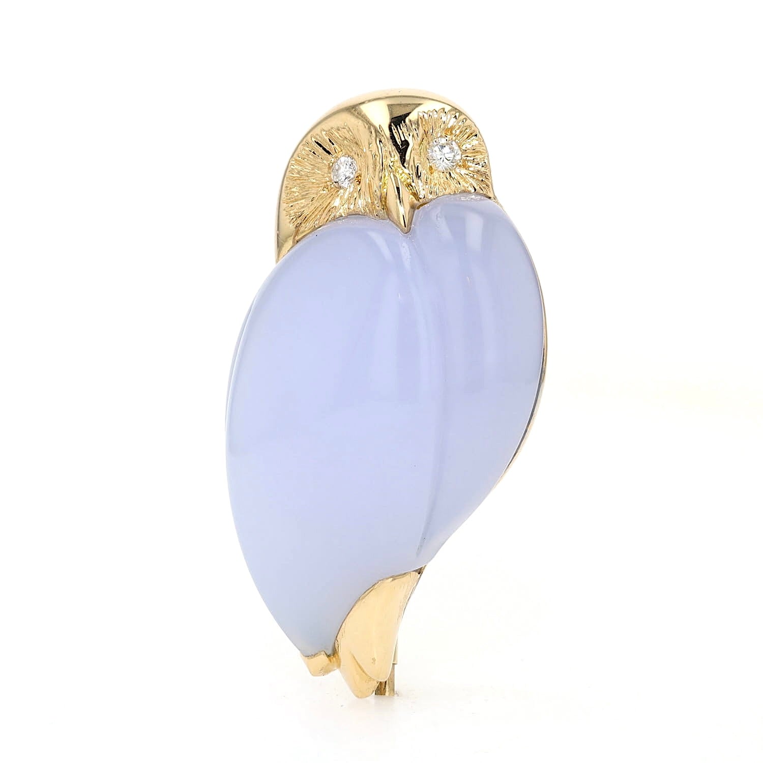 Lüth Bijoux Brosche als Eule in 750er Gelbgold mit einer Chalcedon-Gravur und Brillanten, stehend frontal