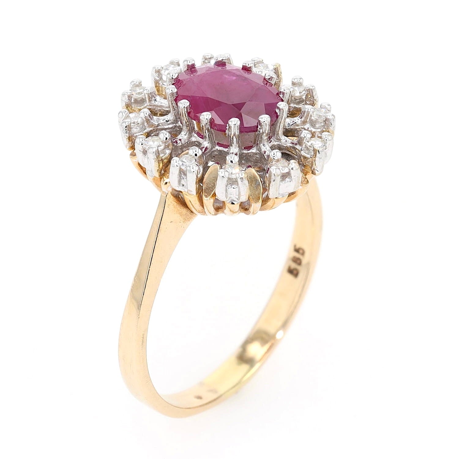 Ring in 585er Gelb- und Weißgold mit einem Rubin und Diamanten, stehend