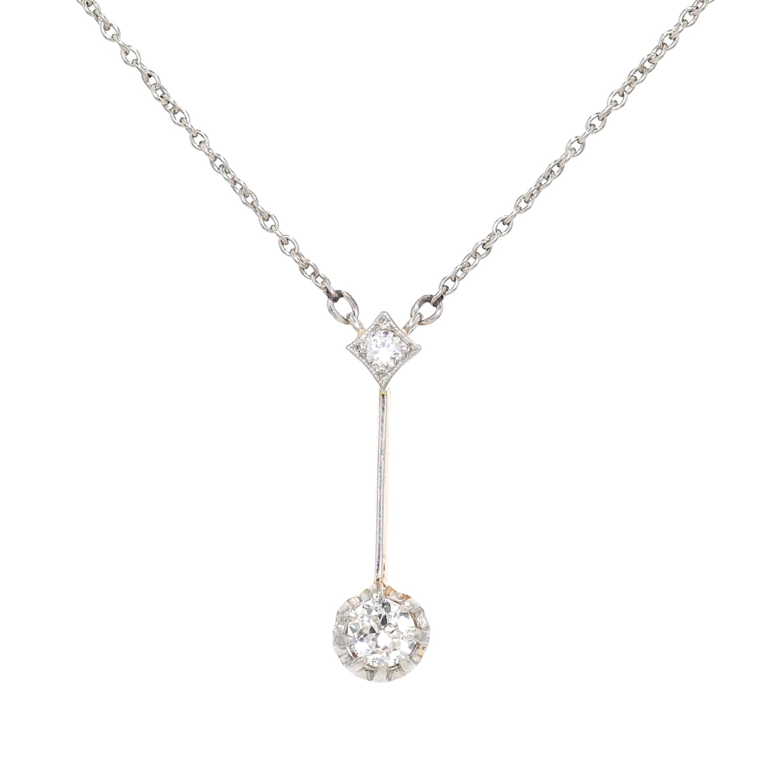 Vintage-Collier in Silber, Gold und Platin mit Diamanten, hängend frontal Nahaufnahme