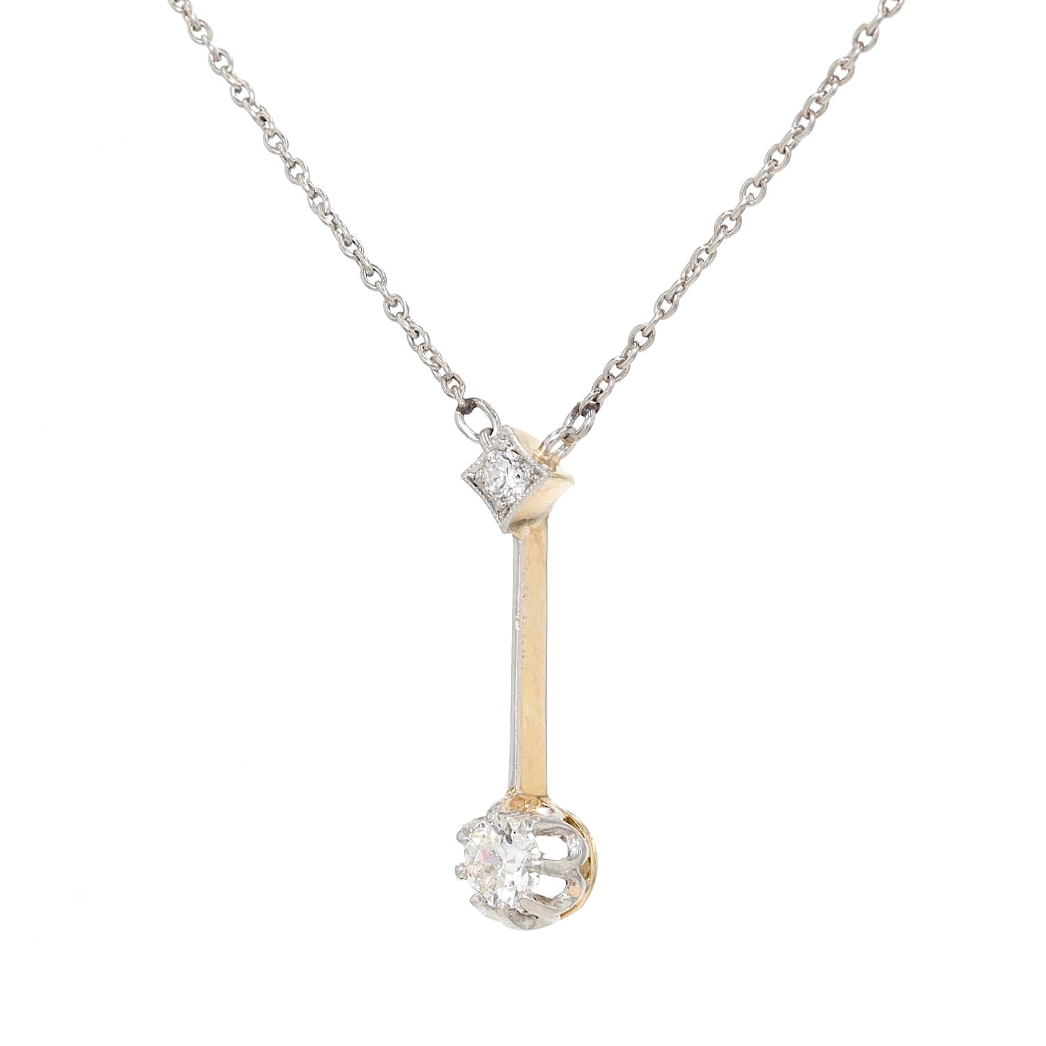 Vintage-Collier in Silber, Gold und Platin mit Diamanten, hängend links gedreht Nahaufnahme