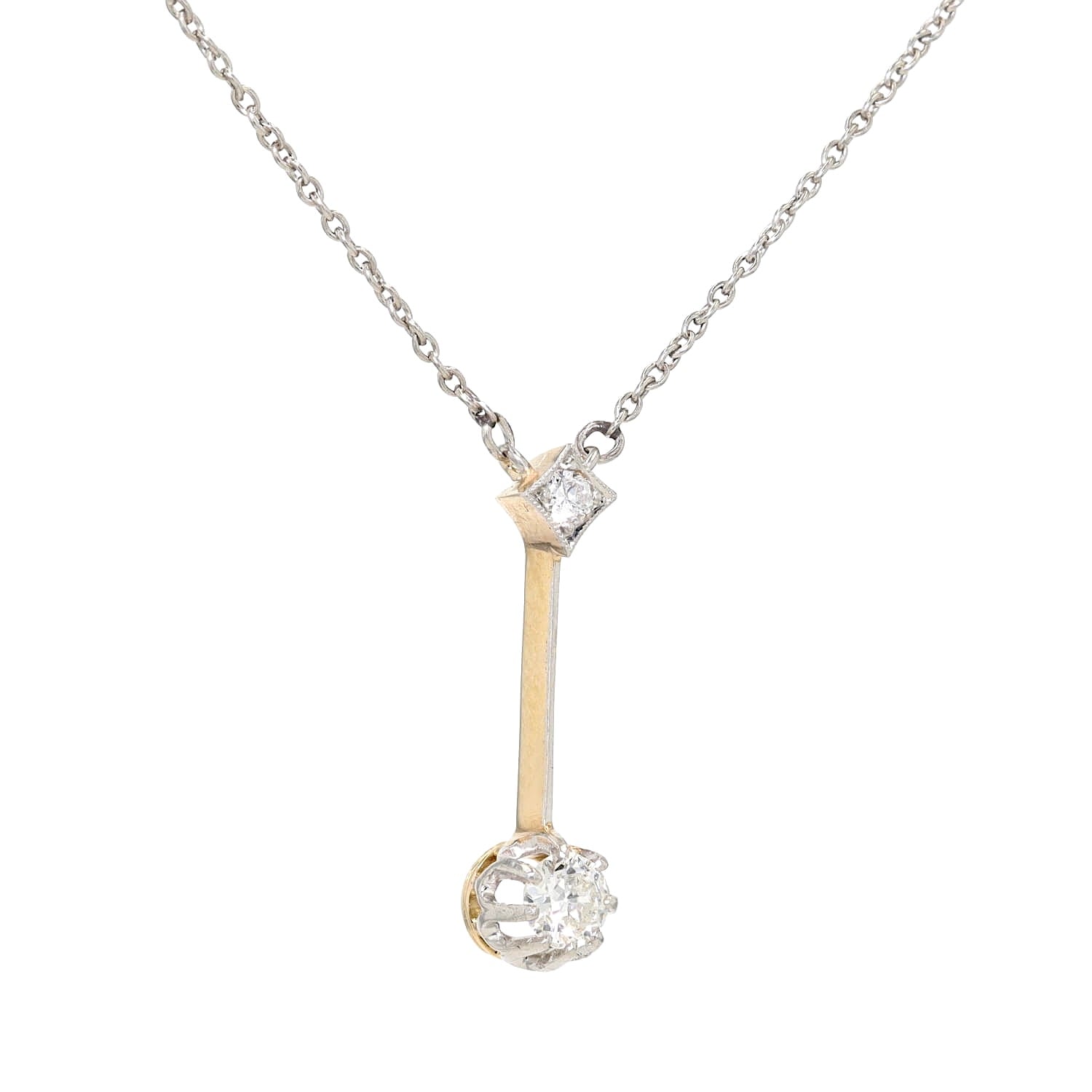 Vintage-Collier in Silber, Gold und Platin mit Diamanten, hängend rechts gedreht Nahaufnahme