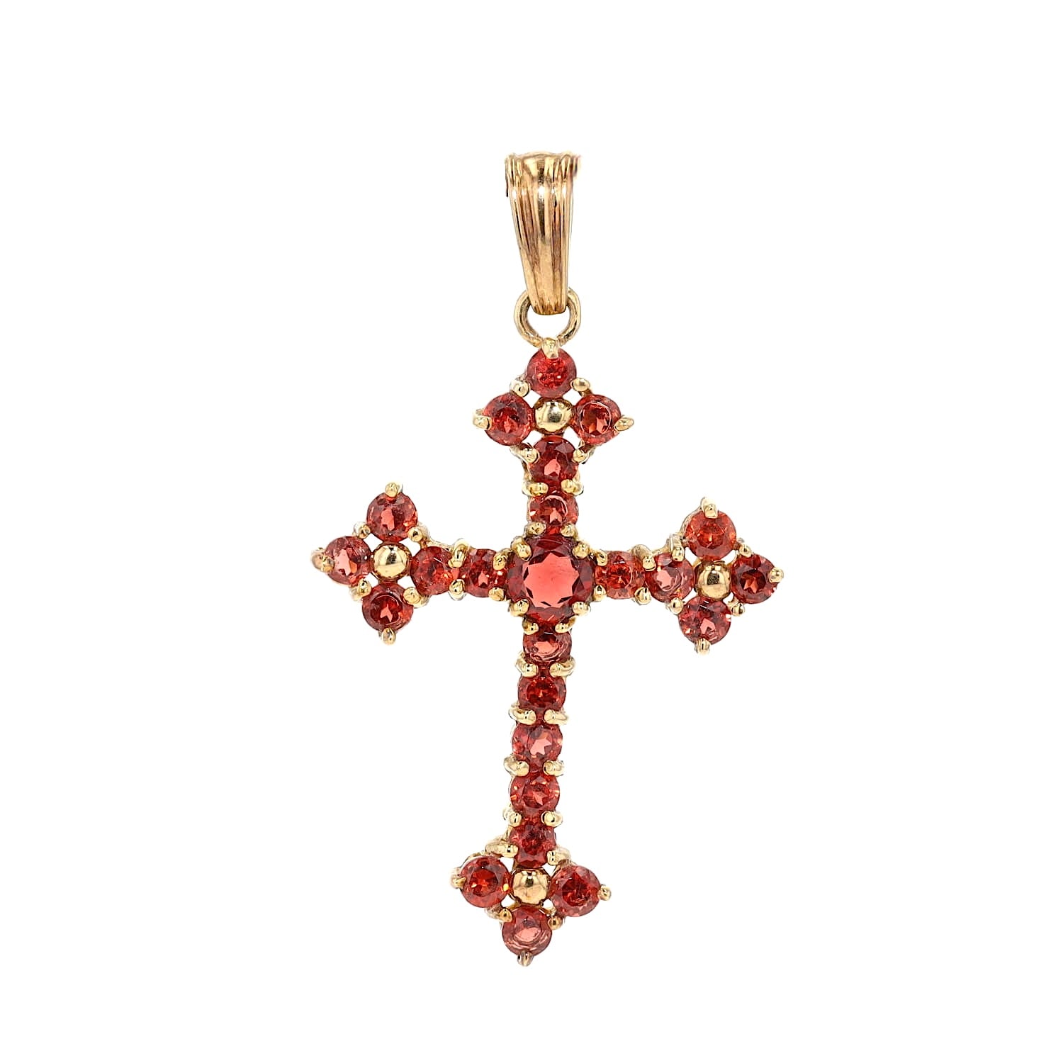 Kreuz Anhänger in 333er Gelbgold mit Granaten, hängend frontal