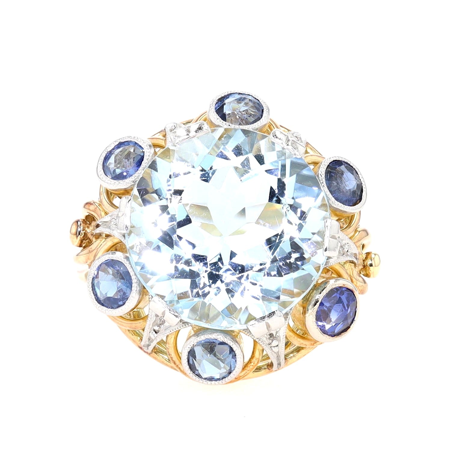 Vintage Ring in 585er Gelbgold, Platin, einem Aquamarin und blauen Saphiren, liegend frontal