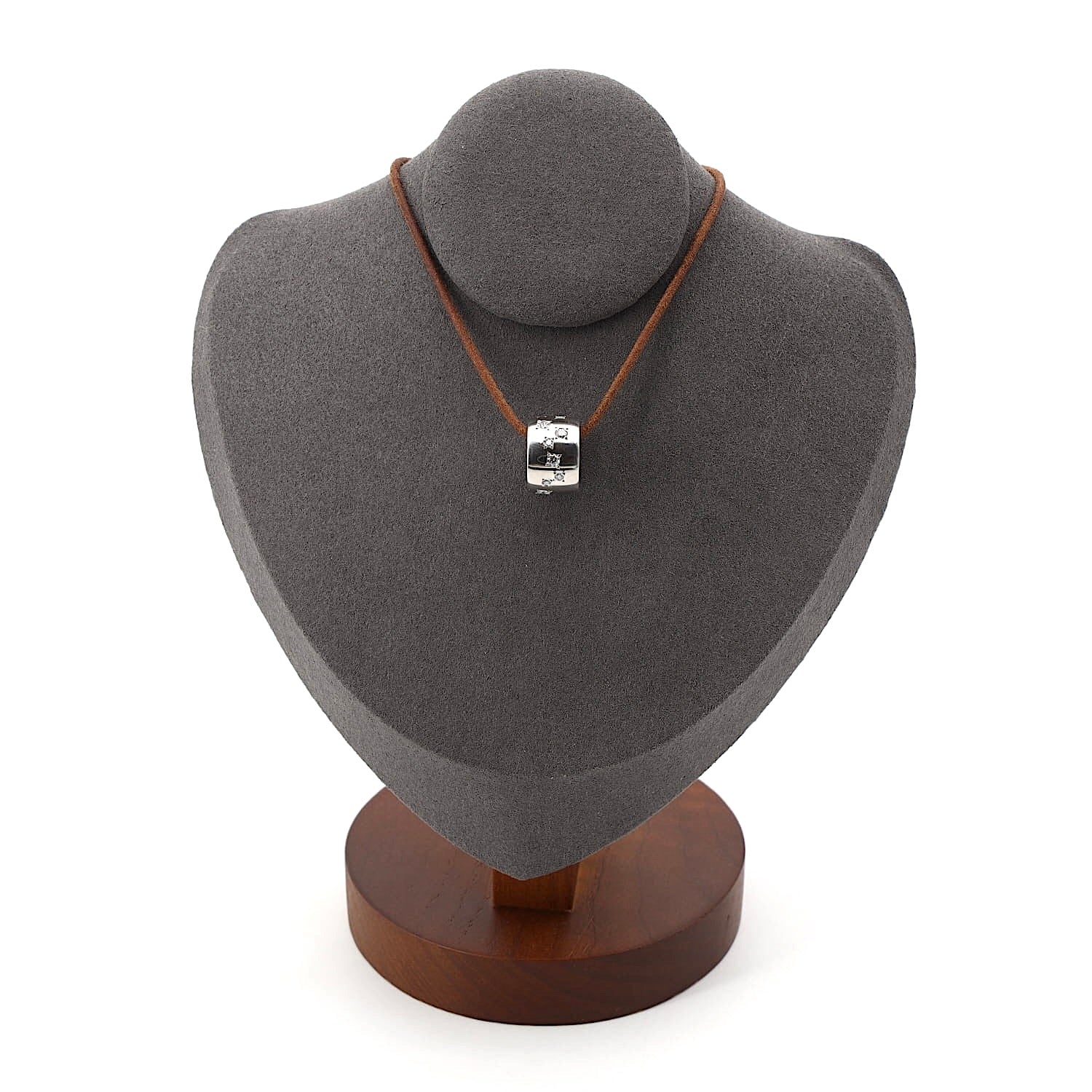 Anhänger von Juwelier Willer in 750er Weißgold mit Brillanten, an einem braunen Lederband an einer dunklen Büste