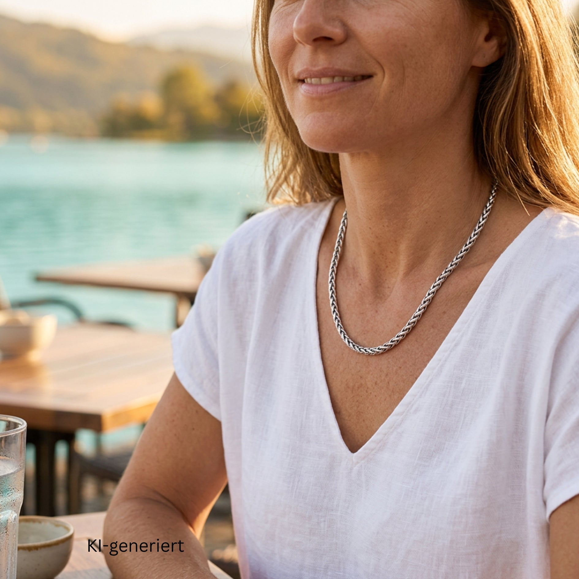 La Pepita Weizengliederkette aus Platin und 750er Weißgold, an einer Frau um die 40 Jahre mit einem weißen T-Shirt