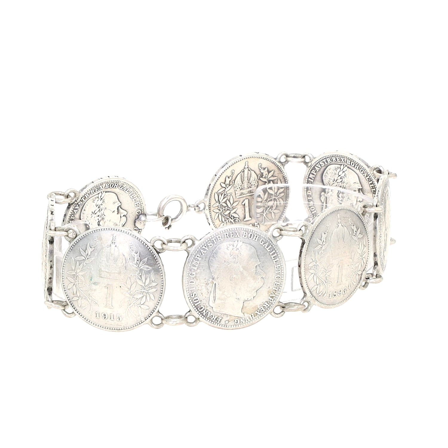 Antikes Münzarmband um 1920 mit 8 Kaiser Franz Joseph I. 1 Krone Münzen, liegend geschlossen seitlich rechts gedreht