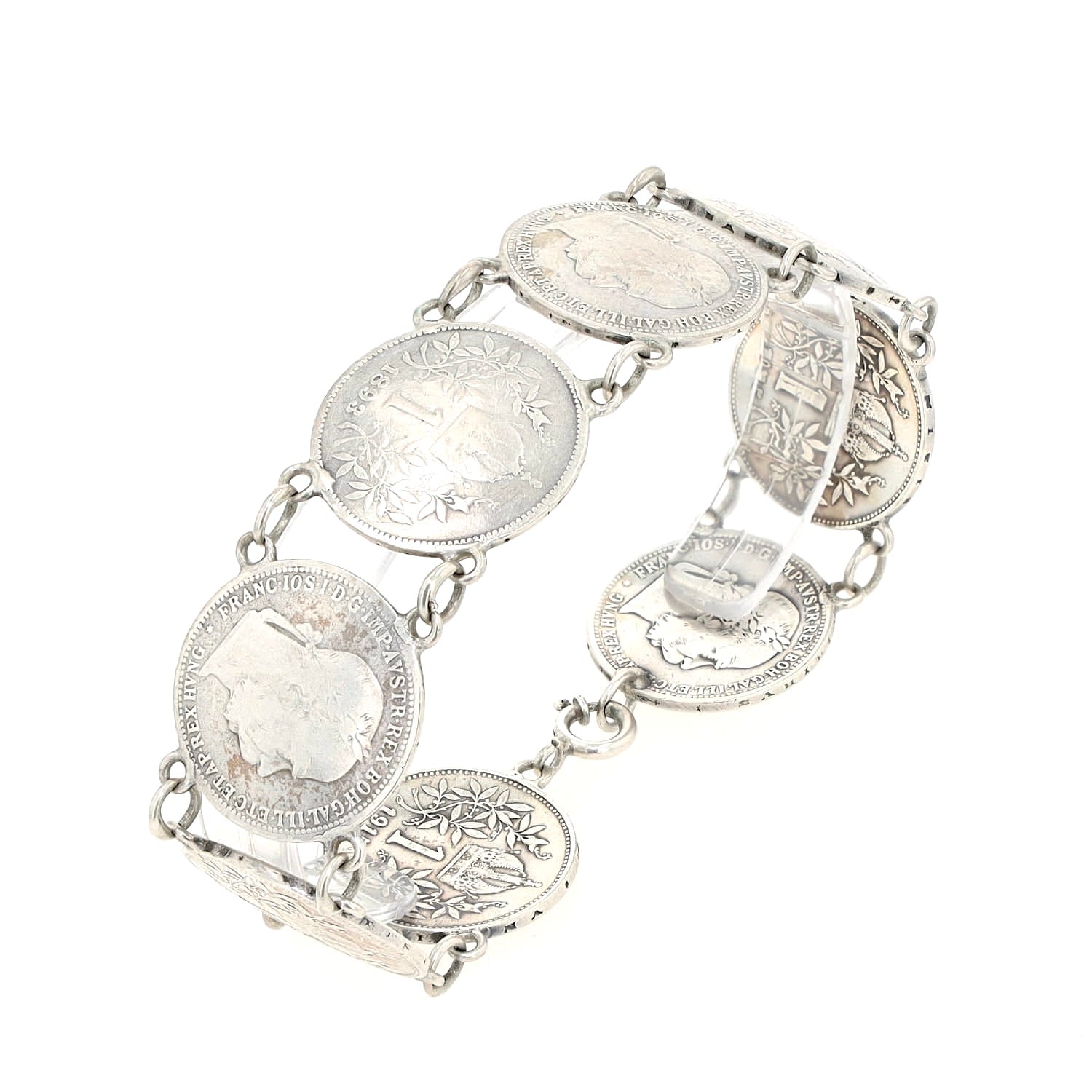 Antikes Münzarmband um 1920 mit 8 Kaiser Franz Joseph I. 1 Krone Münzen, geschlossen stehend