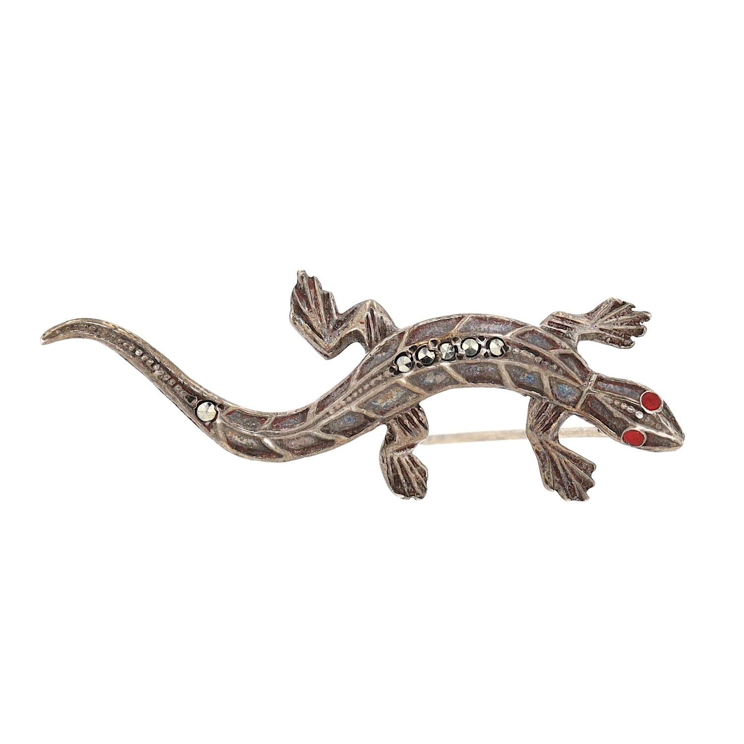 Art Deco brooch made of 830 silver in the shape of a salamander, slightly from above