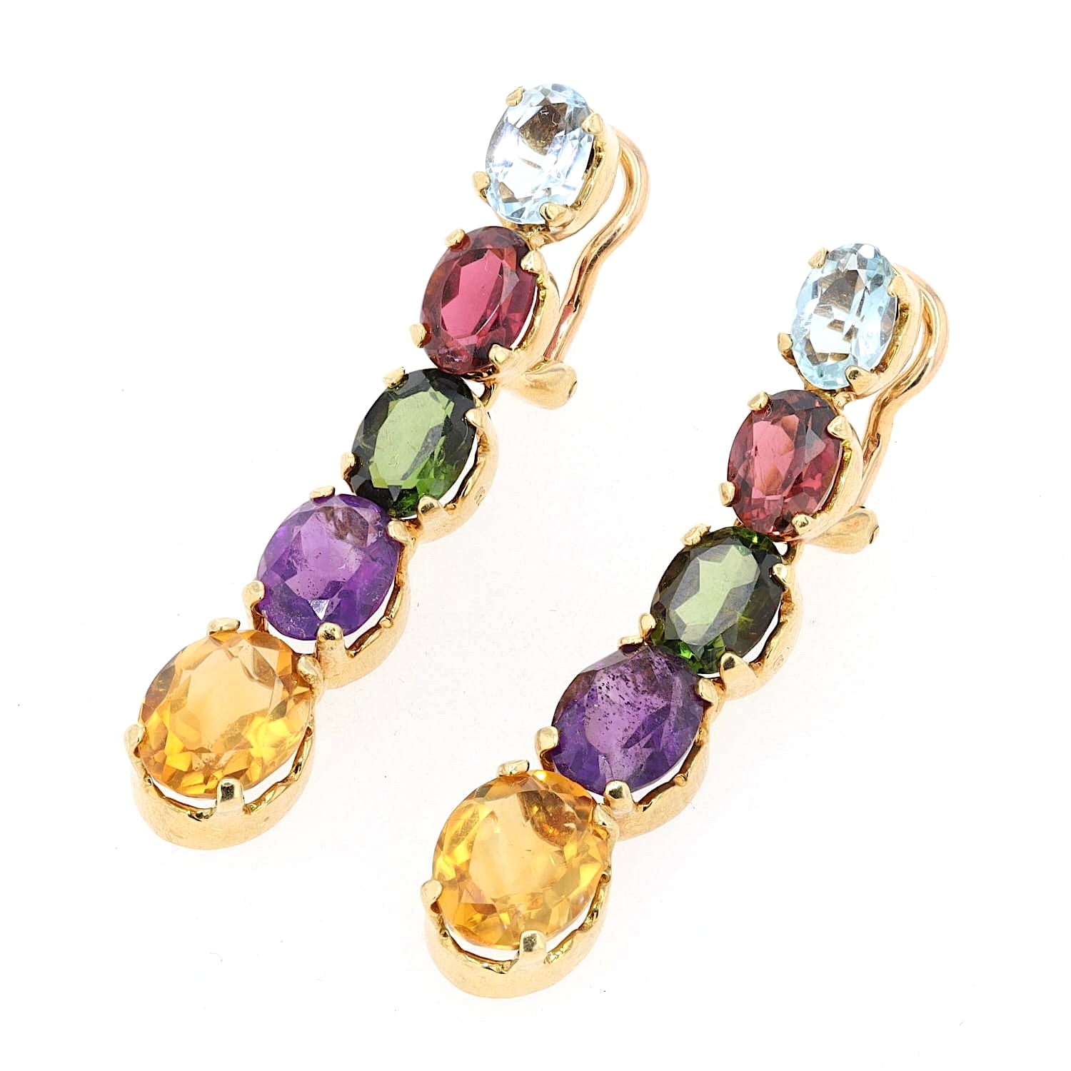Ohrringe mit Clip in 750er Gelbgold und bunten Edelsteinen, hängend links gedreht