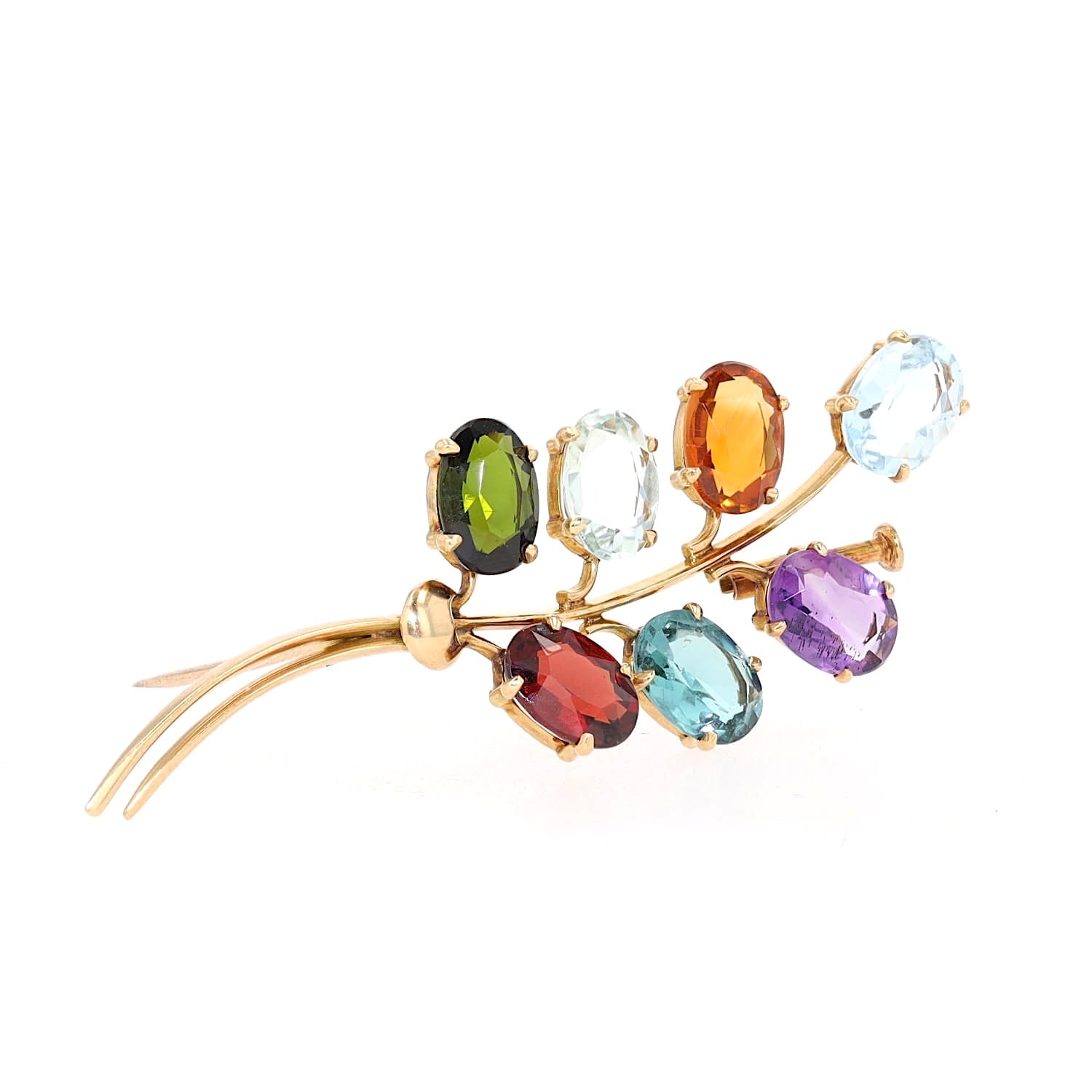 Vintage-Brosche in 750er Gelbgold mit bunten Edelsteinen, , liegend aufrecht rechts gedreht