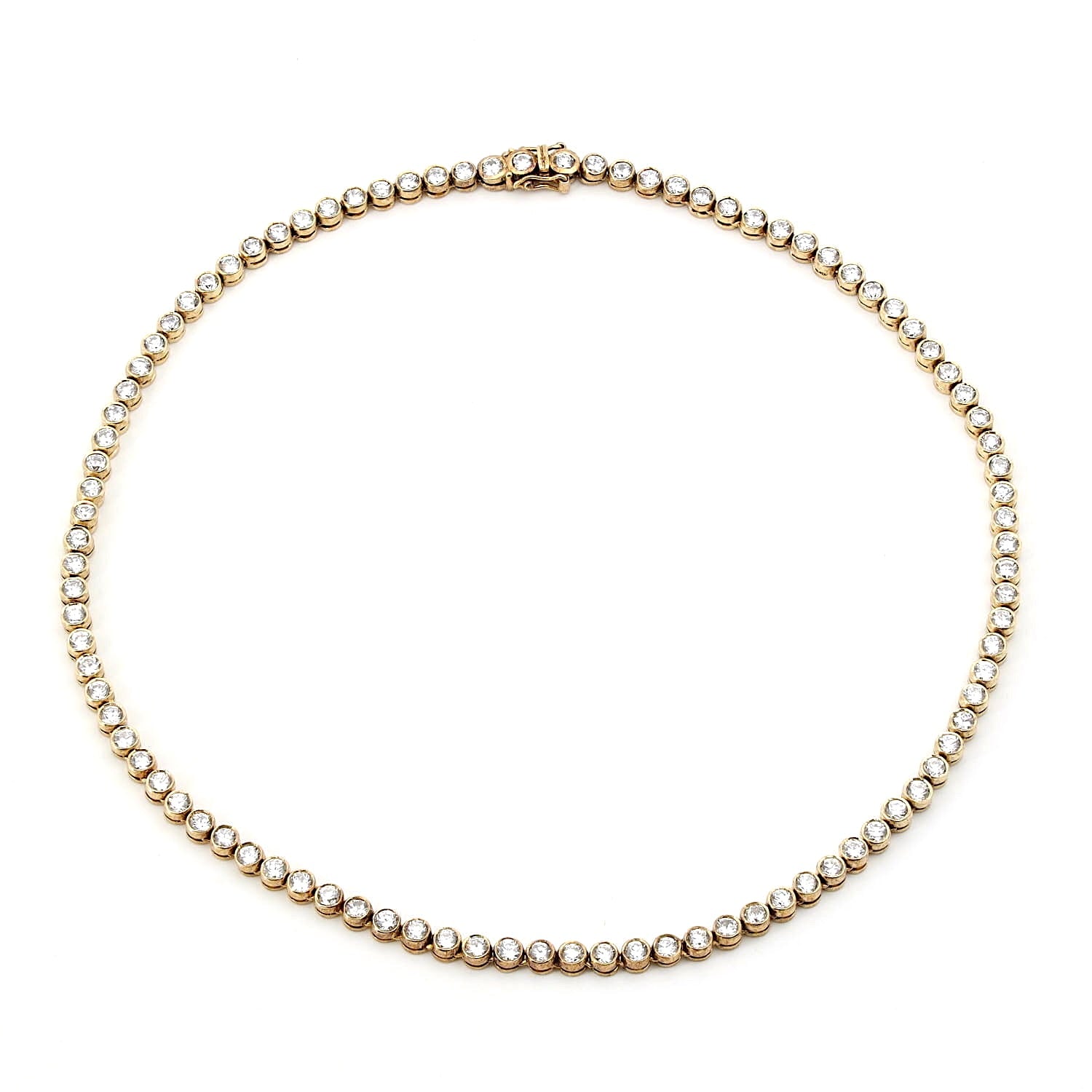Tenniscollier in 925er Silber, vergoldet mit weißen Cubic Zirkonias, liegend geschlossen Draufsicht