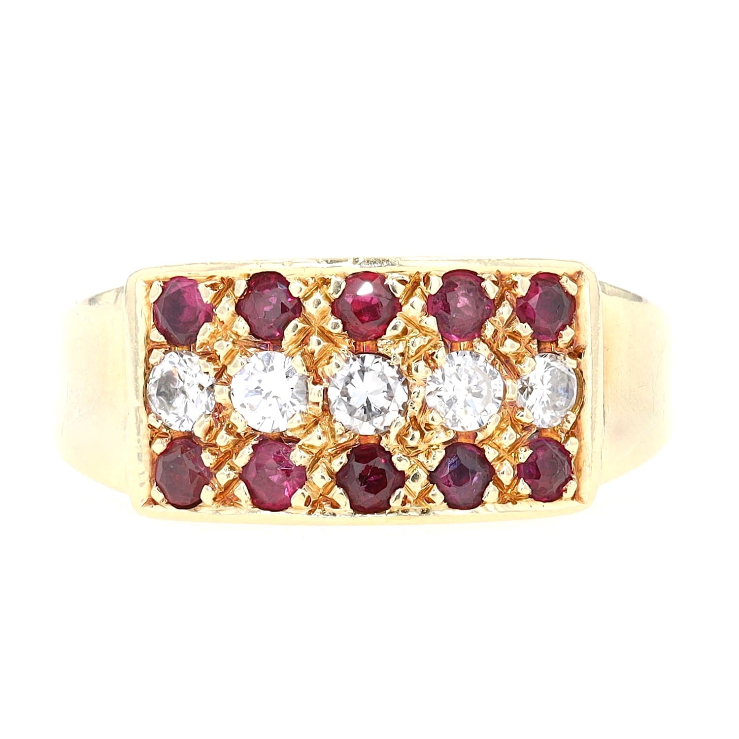 Ring in 585er Gelbgold mit Brillanten und Rubinen, liegend frontal