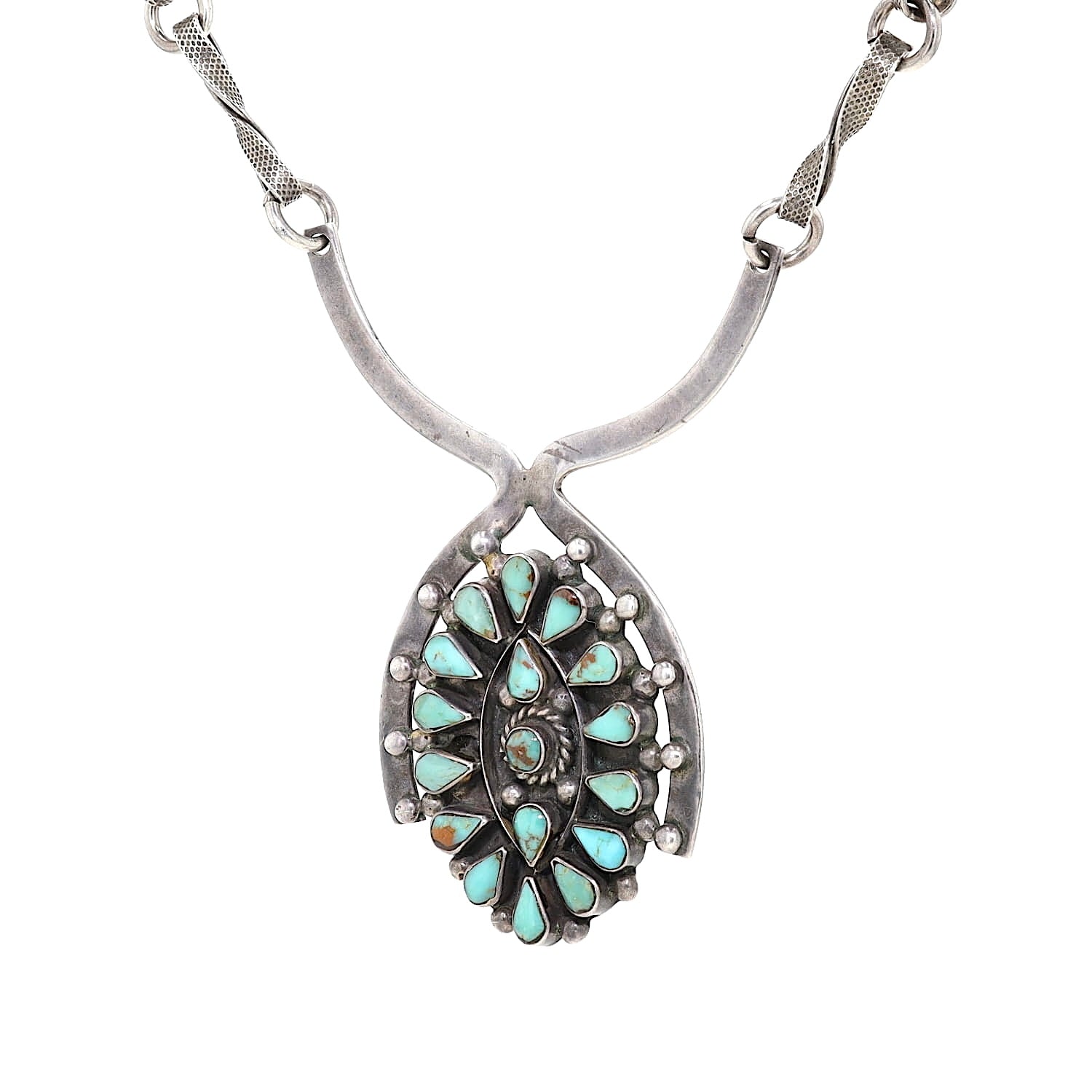 Navajo Indianerkette in 925er Silber mit Türkisen, hängend links gedreht