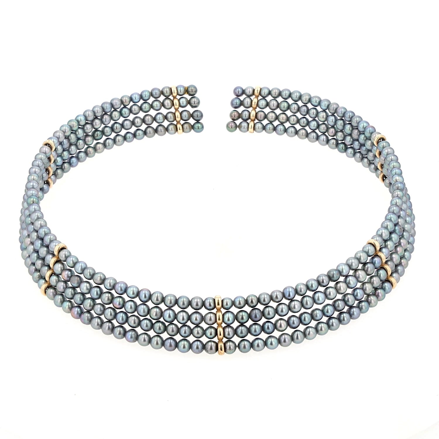 Halsreif aus 4 Reihen Peacock-Zuchtperlen und 585er Gelbgoldelementen, liegend frontal