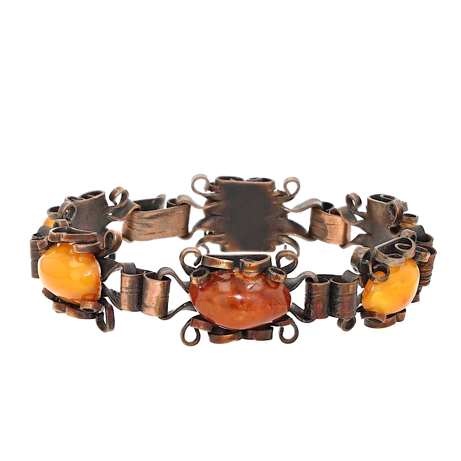 Bracelet made of copper with amber stones, turned lying on the right