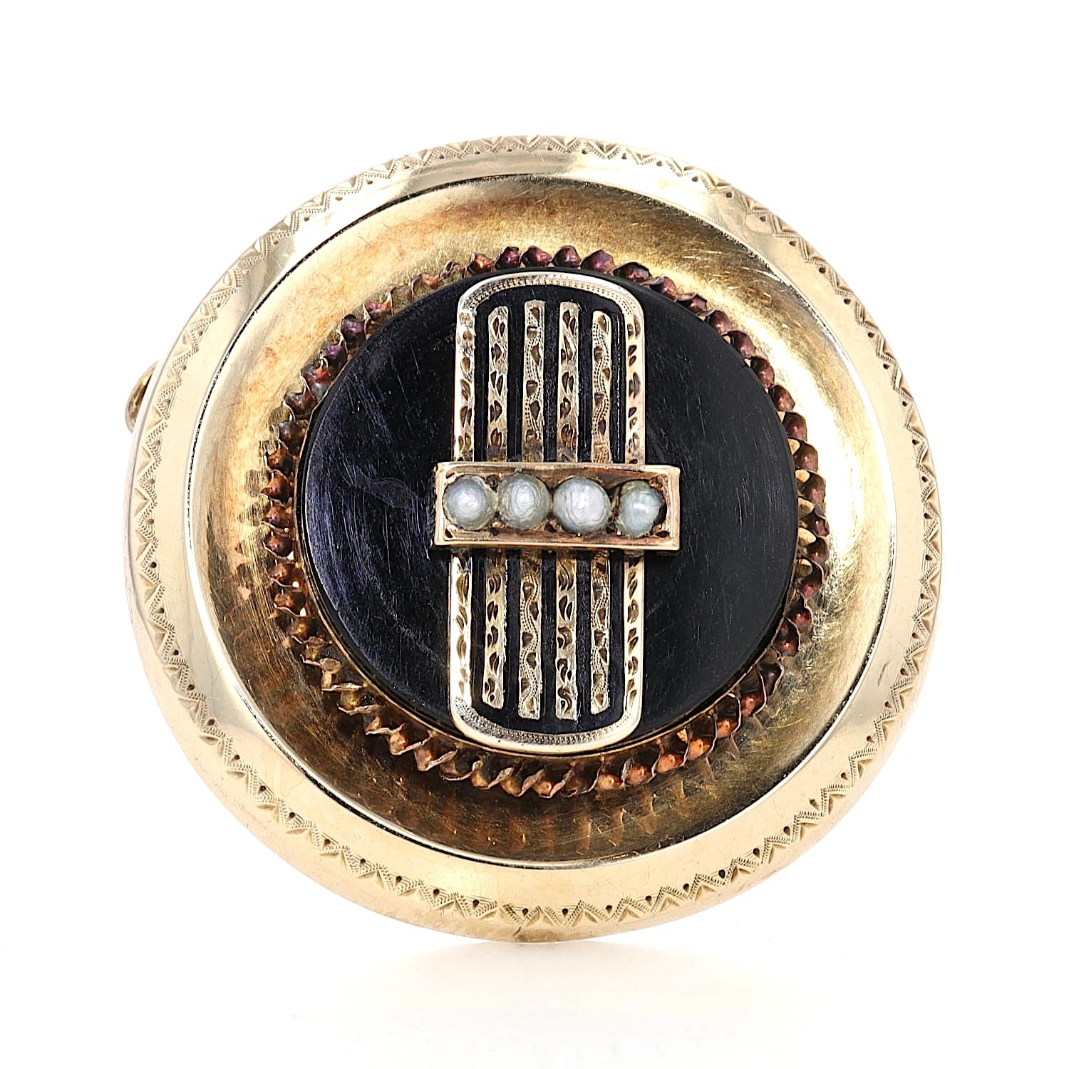 Viktorianische Brosche aus 585er Gelbgold mit Onyx, kleinen Saatperlen und schwarzer Emaille, stehend frontal