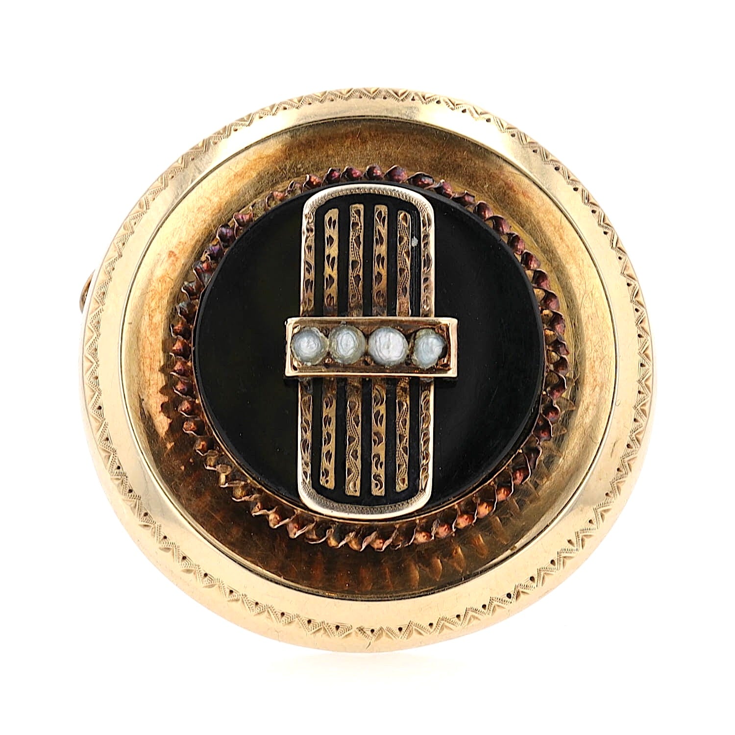 Viktorianische Brosche aus 585er Gelbgold mit Onyx, kleinen Saatperlen und schwarzer Emaille, stehend frontal