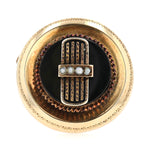 Viktorianische Brosche aus 585er Gelbgold mit Onyx, kleinen Saatperlen und schwarzer Emaille, stehend frontal