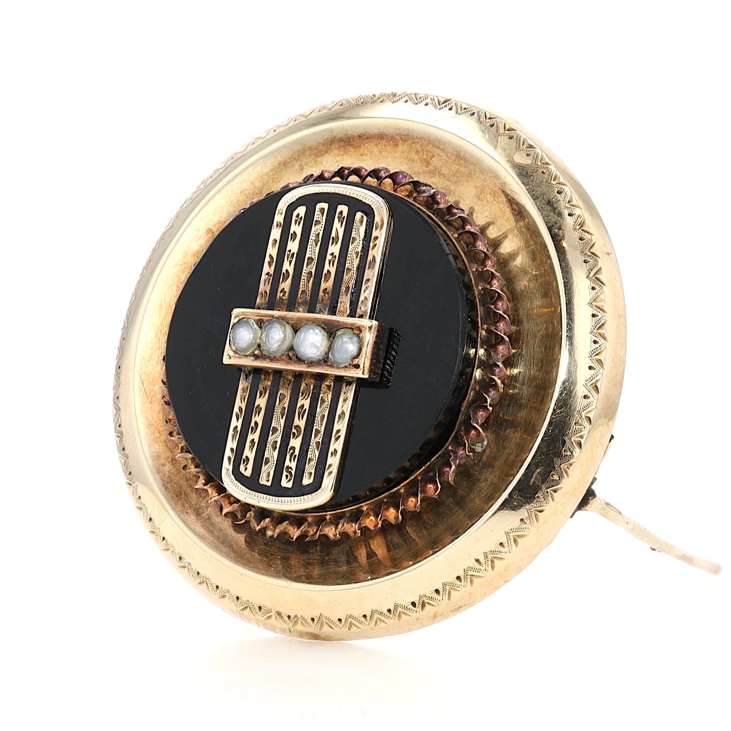 Viktorianische Brosche aus 585er Gelbgold mit Onyx, kleinen Saatperlen und schwarzer Emaille, stehend inks gedreht