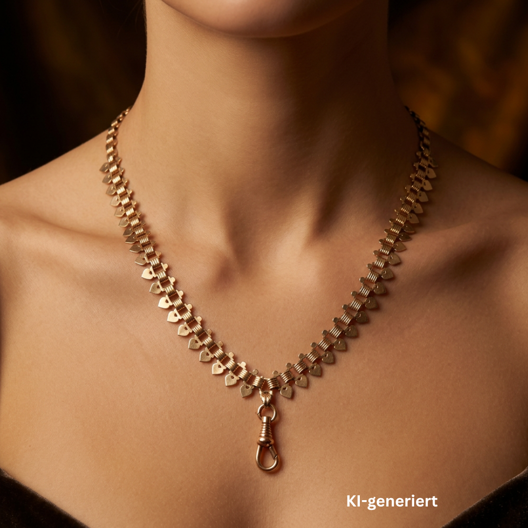Antique watch chain plated in red gold from the 2nd half of the 19th century, on the décolleté of a ki-generated woman 