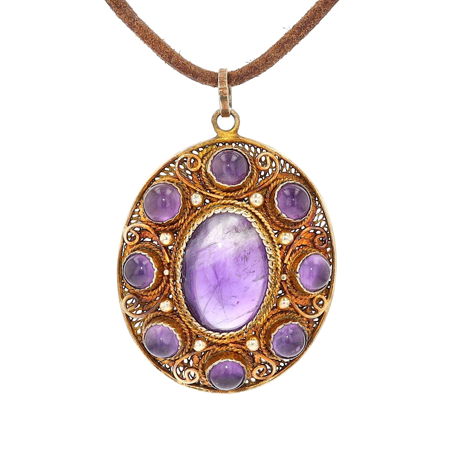 Antiker Anhänger in Silber, vergoldet mit Amethyst-Cabochons, hängend frontal