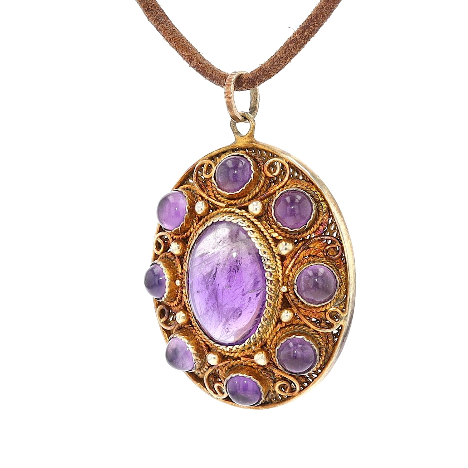 Antiker Anhänger in Silber, vergoldet mit Amethyst-Cabochons, hängend links gedreht