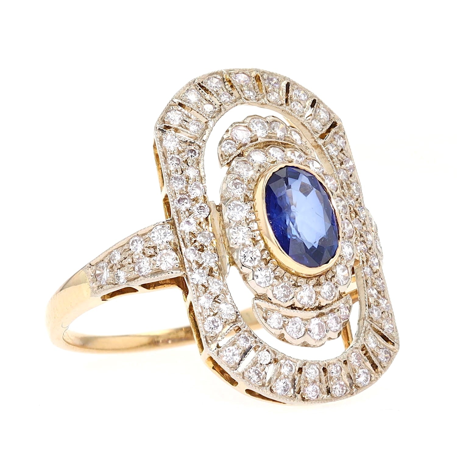 Art-Déco Ring in 750er Gold mit einem blauen Saphir und Brillanten, liegend von vorne leicht links gedreht