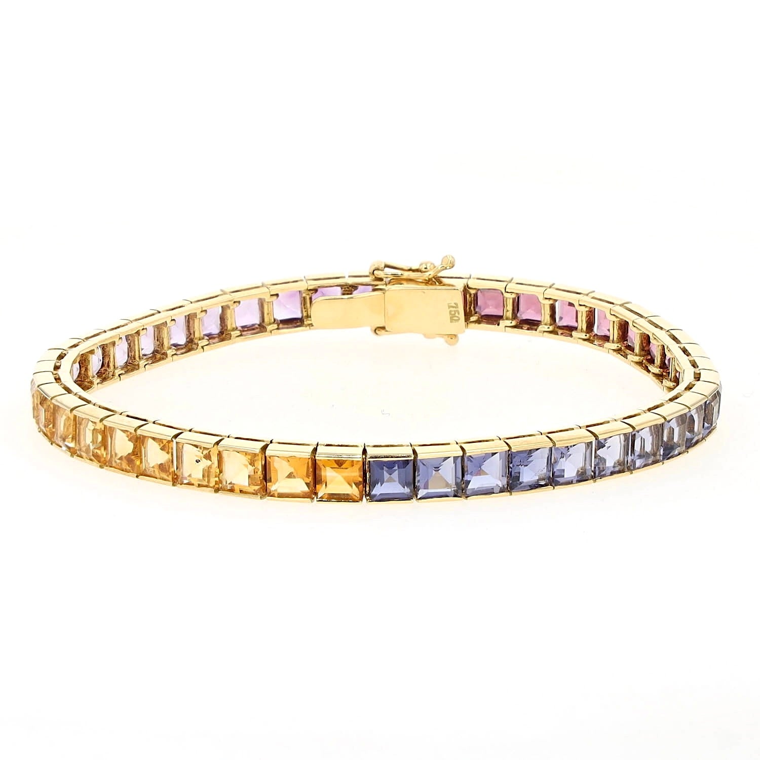 Armband in 750er Gelbgold mit farbigen Edelsteinen im Farbverlauf, liegend geschlossen frontal