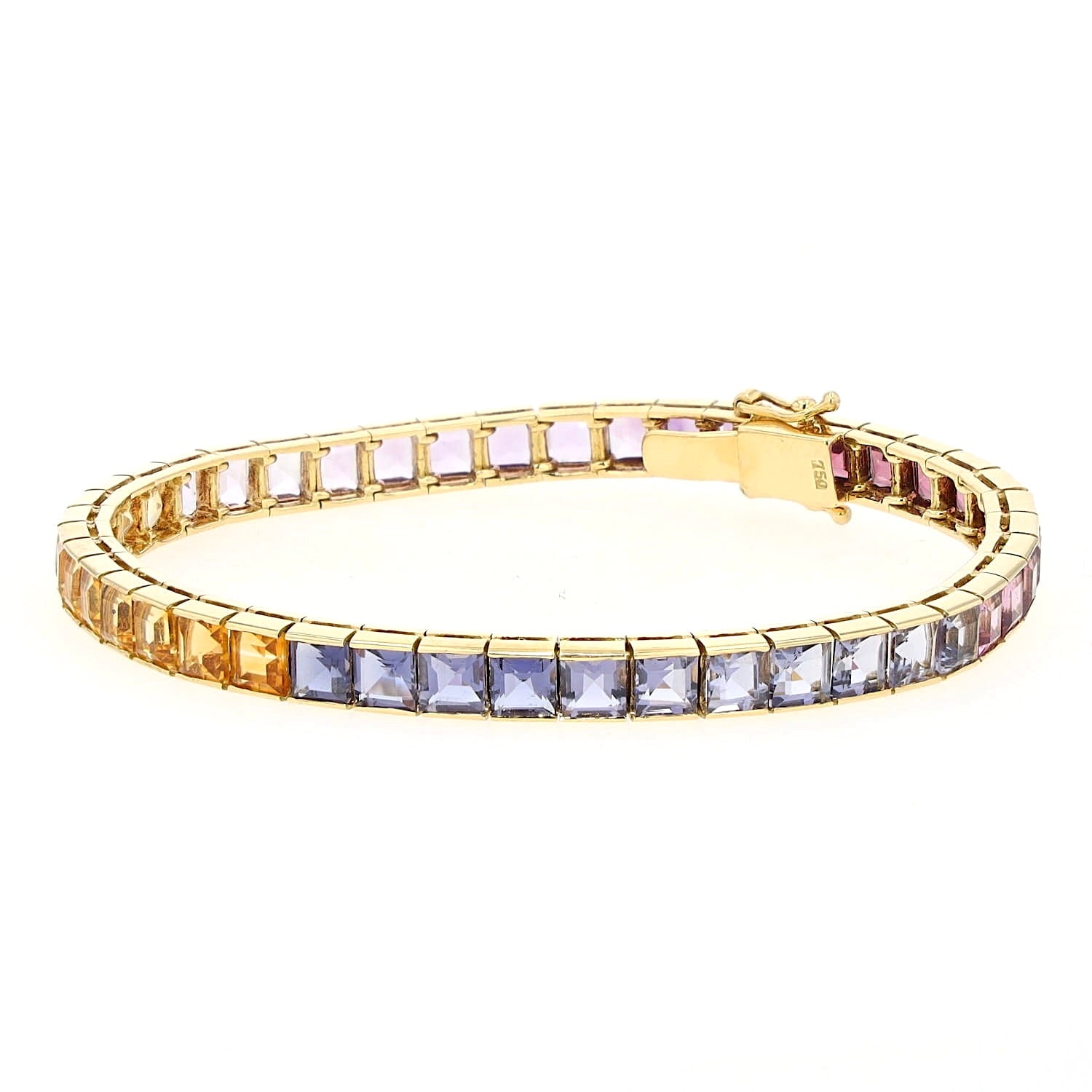 Armband in 750er Gelbgold mit farbigen Edelsteinen im Farbverlauf, liegend geschlossen links gedreht