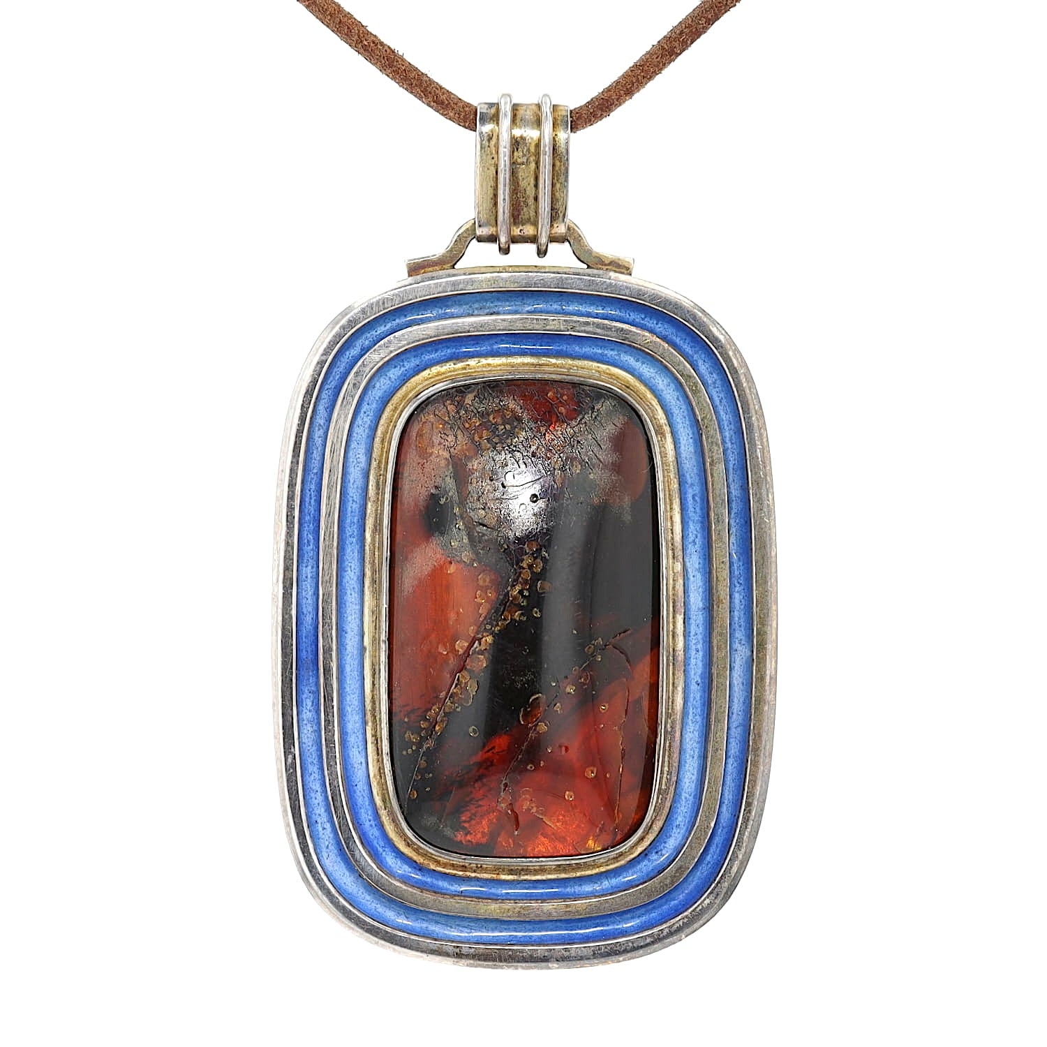 Großer Anhänger in 925er Silber mit einem Bernstein und blauer Emaille, hängend frontal