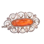 Große Jugendstil Brosche in 935er Silber mit einem Bernstein, liegend frontal