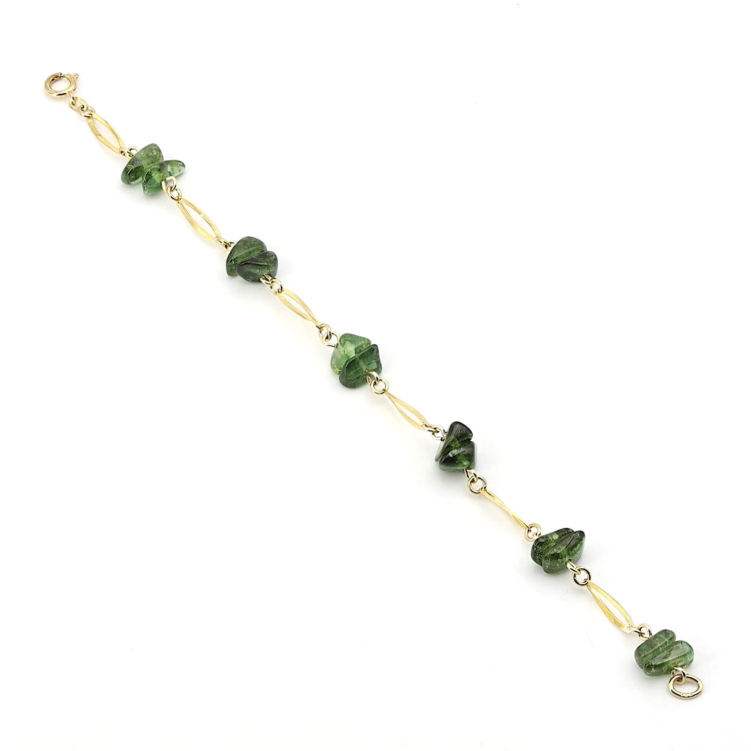 Bracelet in 333 yellow gold with green tourmaline tumbled stones, laid out long