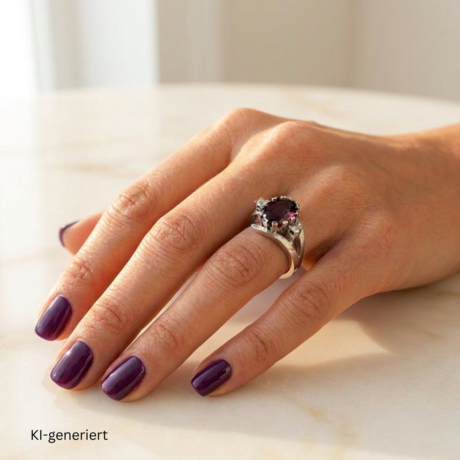 Ring in 585er Weißgold mit einem Rhodolith und Brillanten, an einer KI-generierten Frauenhand