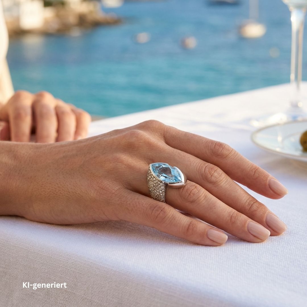Wempe Ring in 750er Weißgold mit einem Aquamarin ca. 10,8 ct  und ca. 2,8 ct champagnerfarbene Brillanten , an der Hand einer Ki-genriert