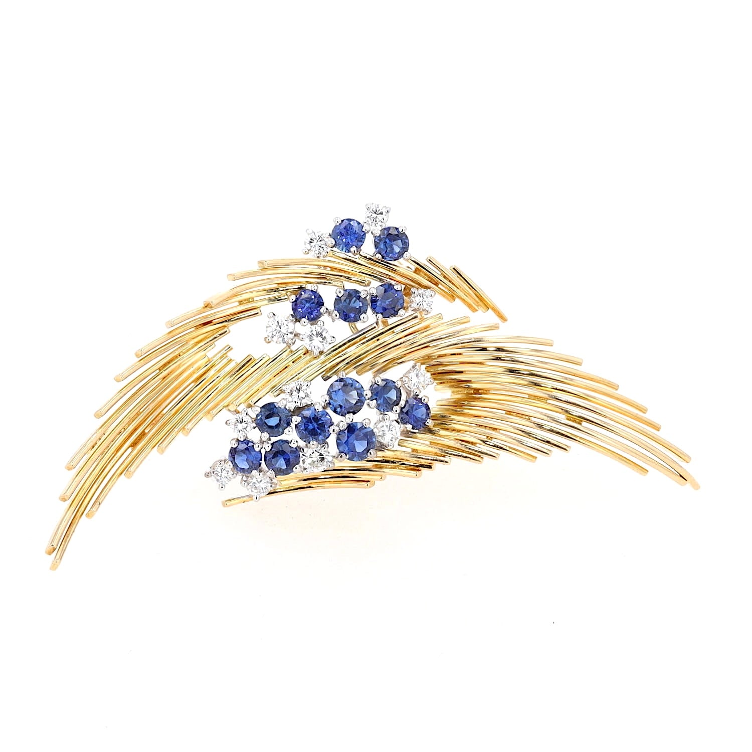 Exclusive Brosche aus 750er Gelbgold mit Brillanten und Saphiren, stehend frontal Saphire oben