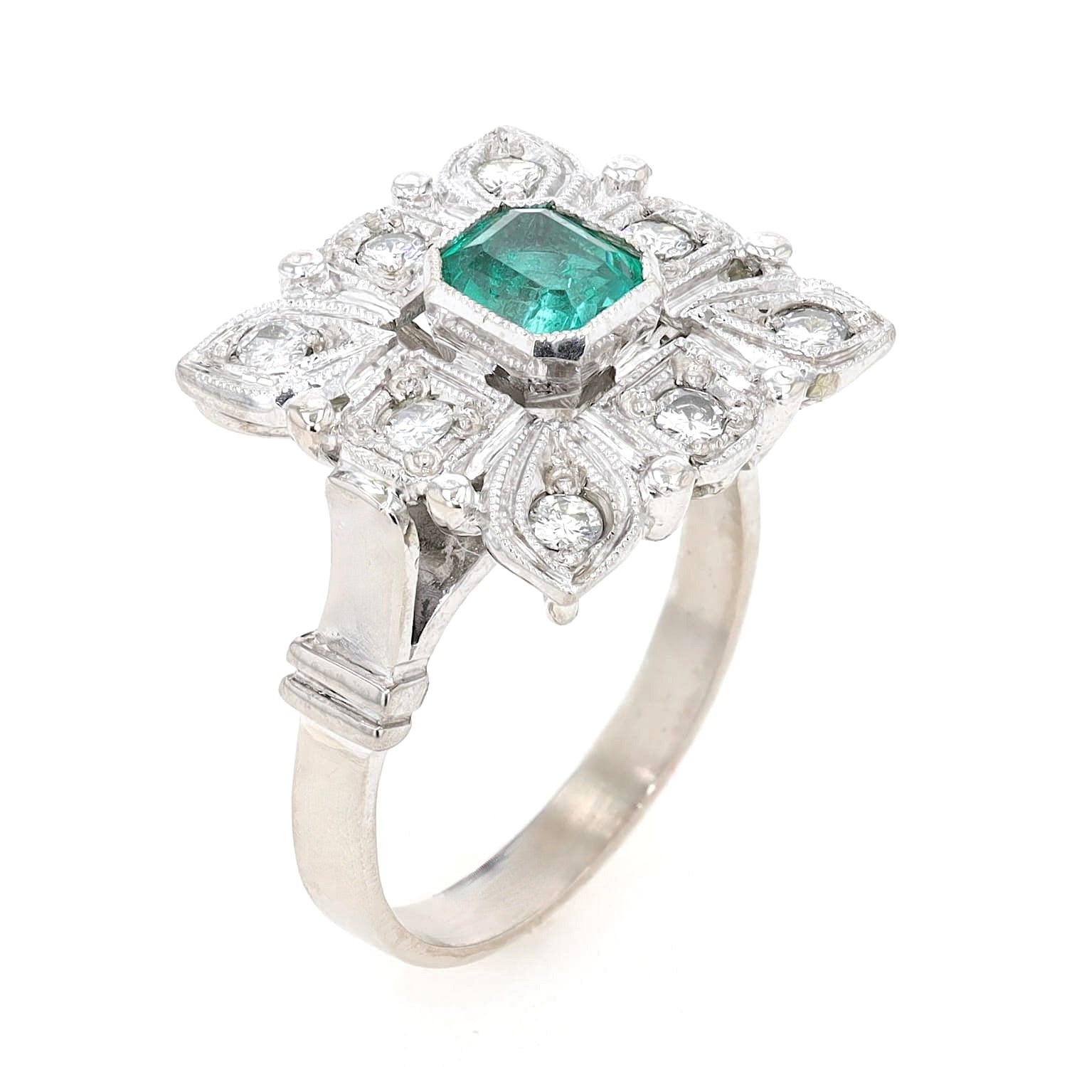 Art Deco Ring in 585er Weißgold mit einem Smaragd und Brillanten, stehend 