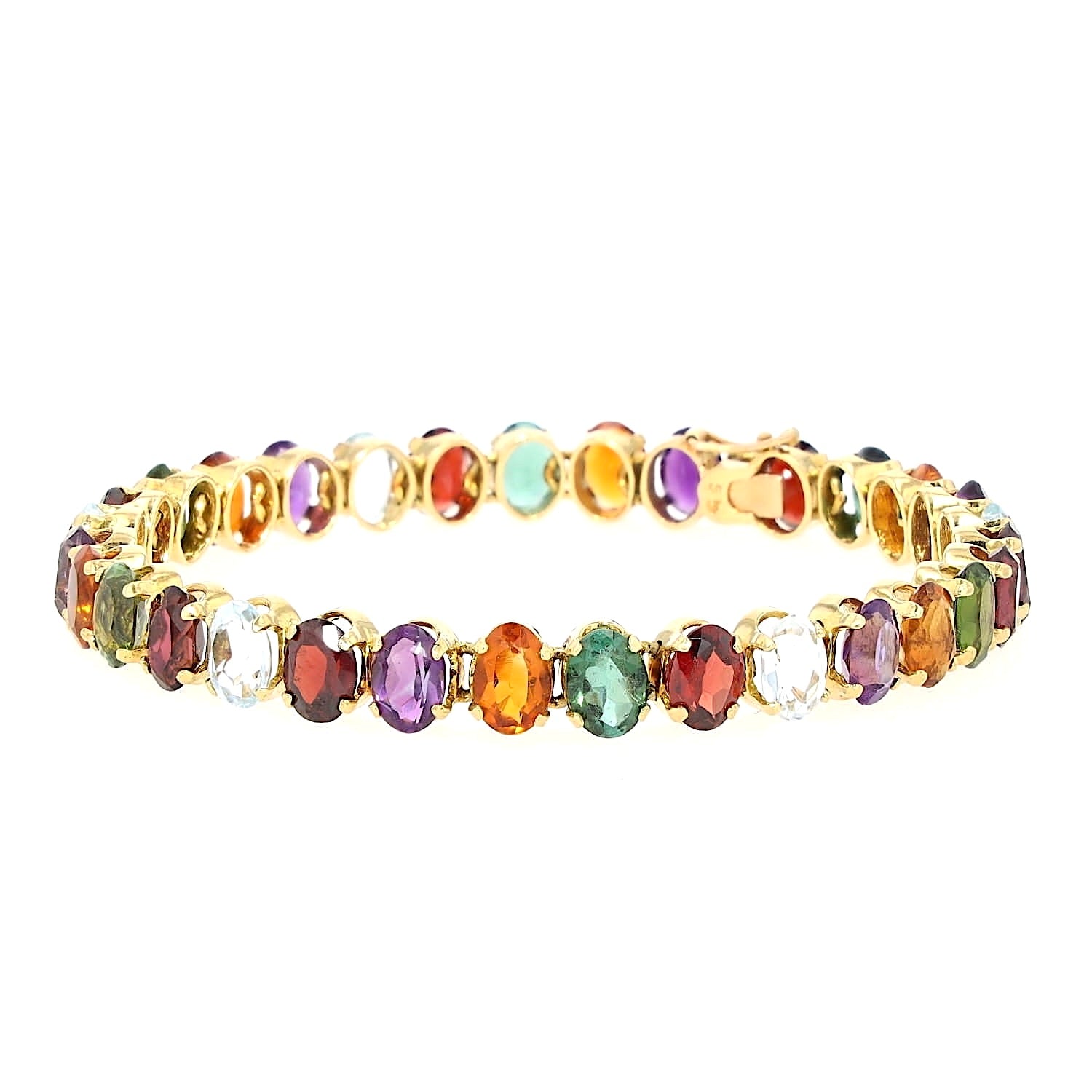 Armband in 750er Gelbgold mit bunten Edelsteinen aus Aquamarin, Citrin, Amethyst, Turmalin und Granat, liegend geschlossen frontal