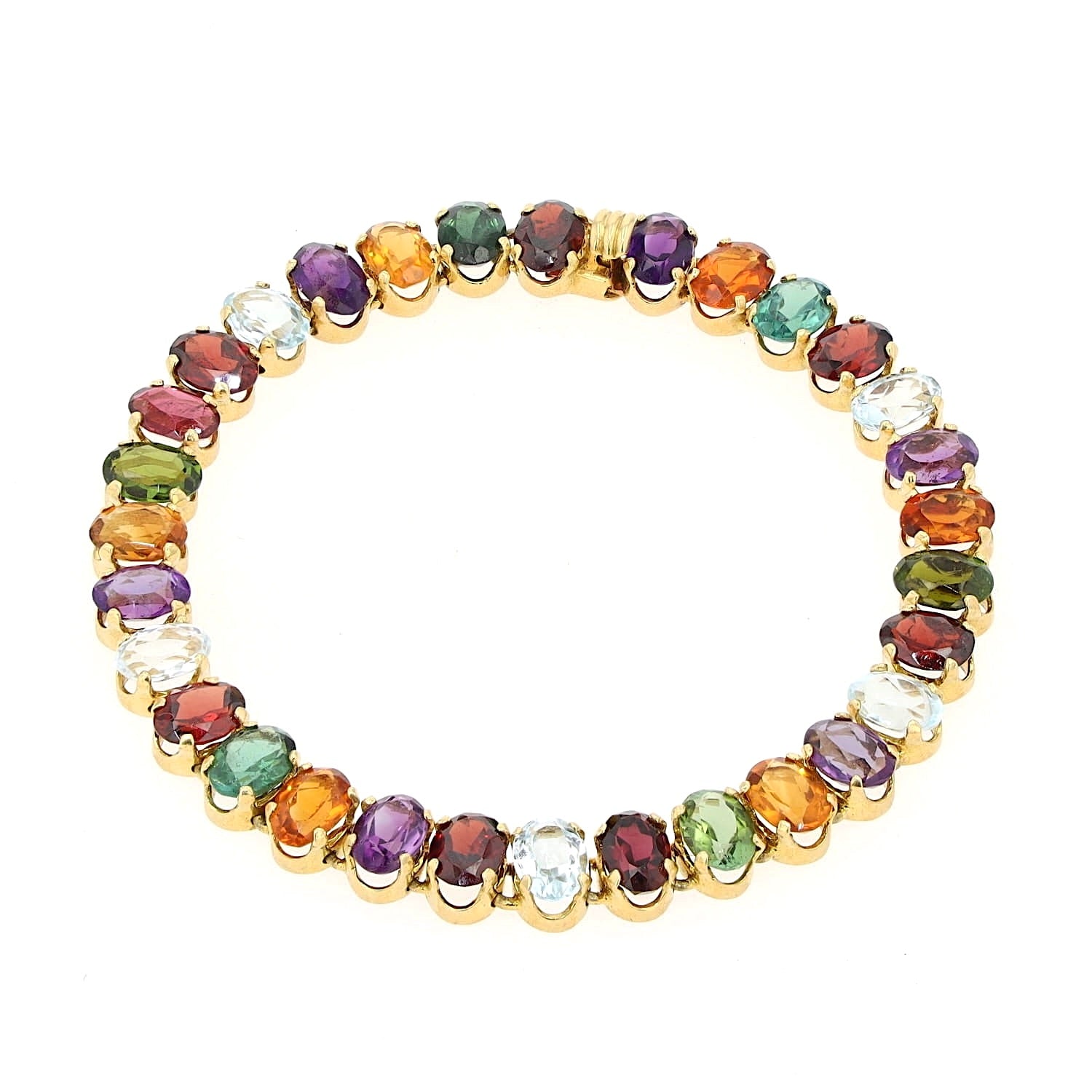 Armband in 750er Gelbgold mit bunten Edelsteinen aus Aquamarin, Citrin, Amethyst, Turmalin und Granat, liegend geschlossen Draufsicht