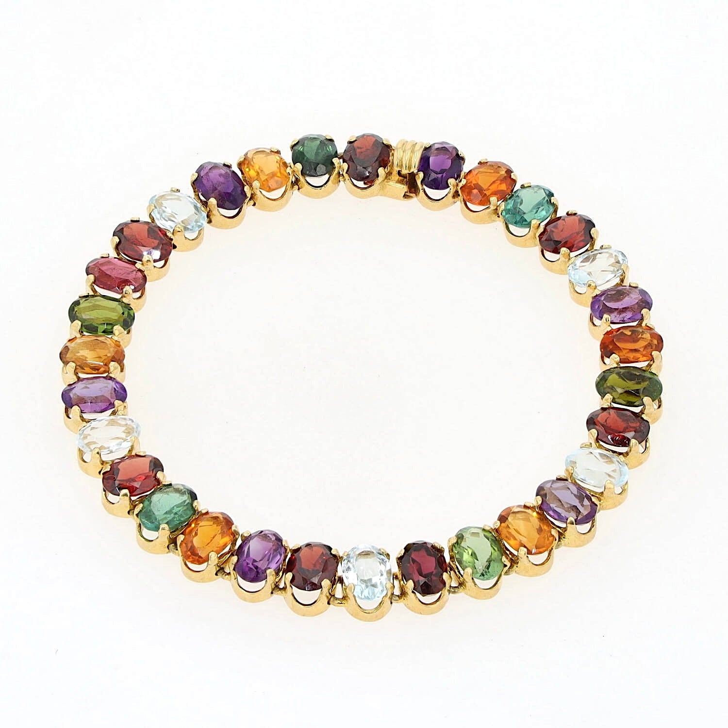Armband in 750er Gelbgold mit bunten Edelsteinen aus Aquamarin, Citrin, Amethyst, Turmalin und Granat, liegend geschlossen Draufsicht
