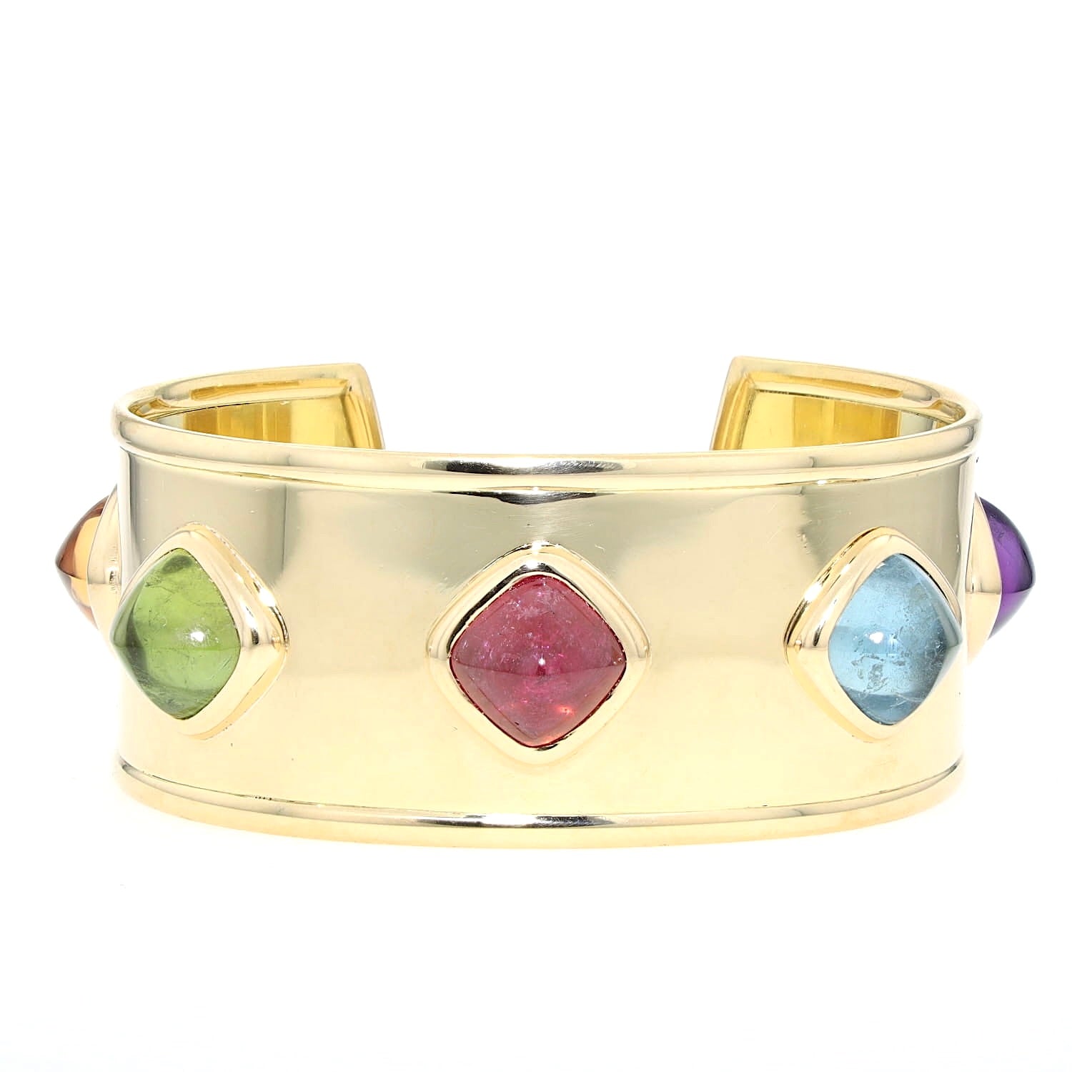 Designer-Armreif aus 750er Gelbgold mit Amethyst, Aquamarin,  Rubellit, grüner Turmalin und Citrin, liegend frontal