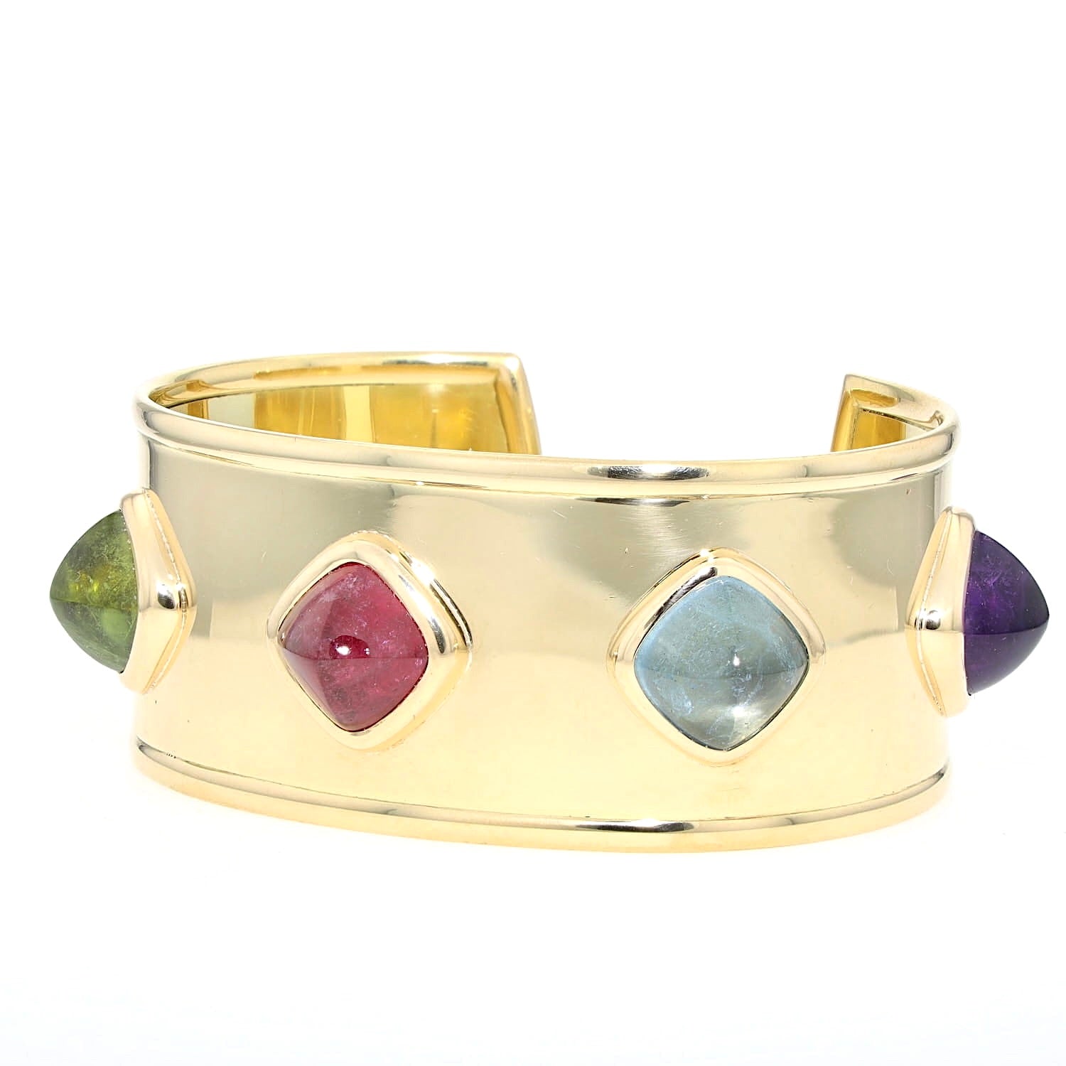 Designer-Armreif aus 750er Gelbgold mit Amethyst, Aquamarin,  Rubellit, grüner Turmalin und Citrin, liegend links gedreht