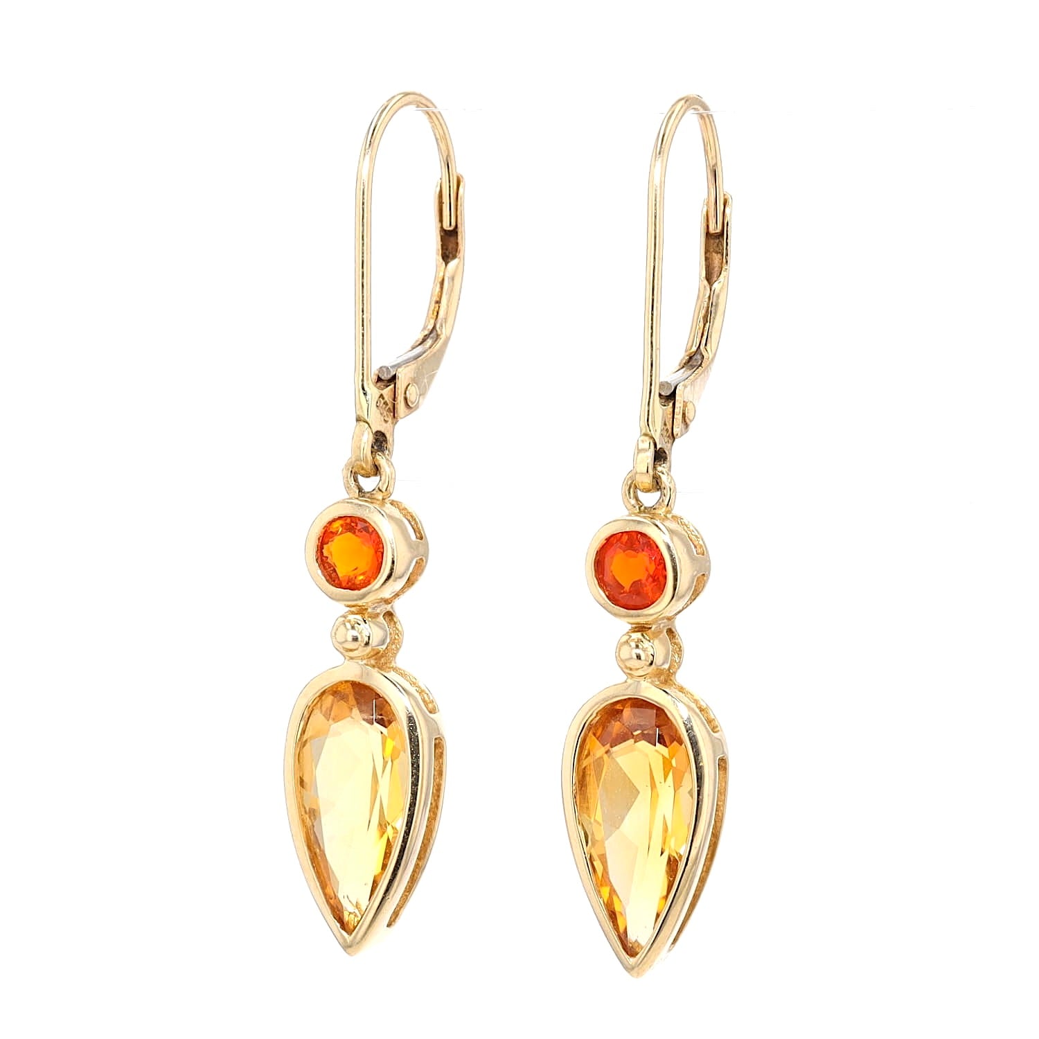 Earrings in 585 yellow gold, each with a fire opal and a citrine, hanging turned left